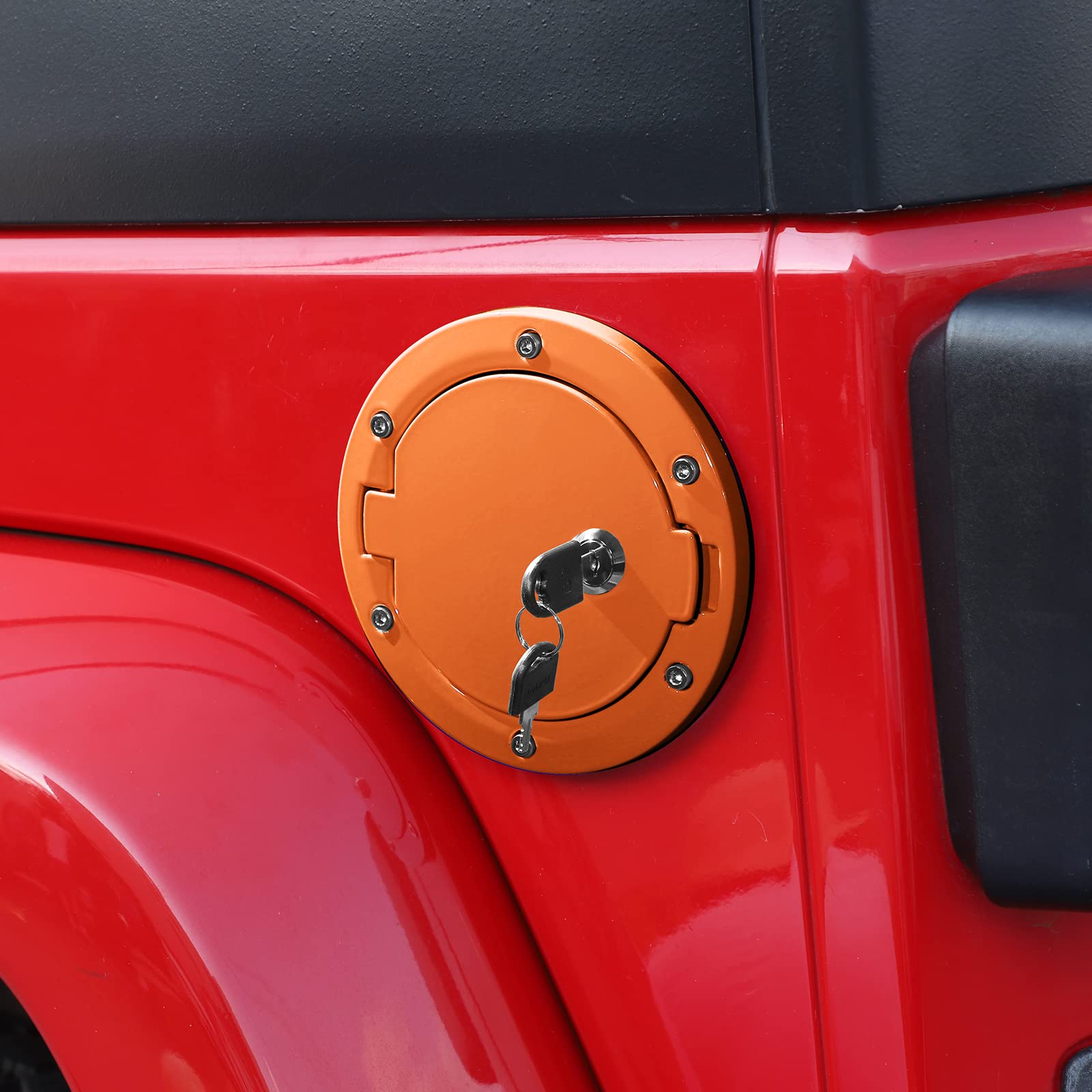 JeCar Fuel Filler Door Locking Gas Cap Cover - Orange Exterior Accessory for 2007-2018 Jeep Wrangler JK & Unlimited Models | Secure Gas Tank Protection for Off-Road Adventures & Parking Safety