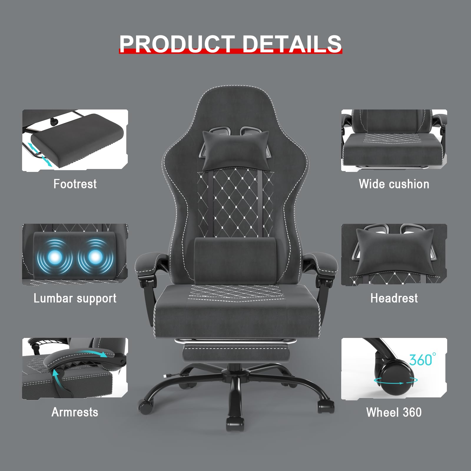 Devoko Ergonomic Gaming Chair with Lumbar Support & Footrest - 360° Swivel, 150kg Weight Capacity, Dark Gray - Perfect for PC Gaming, Office Work & Home Use