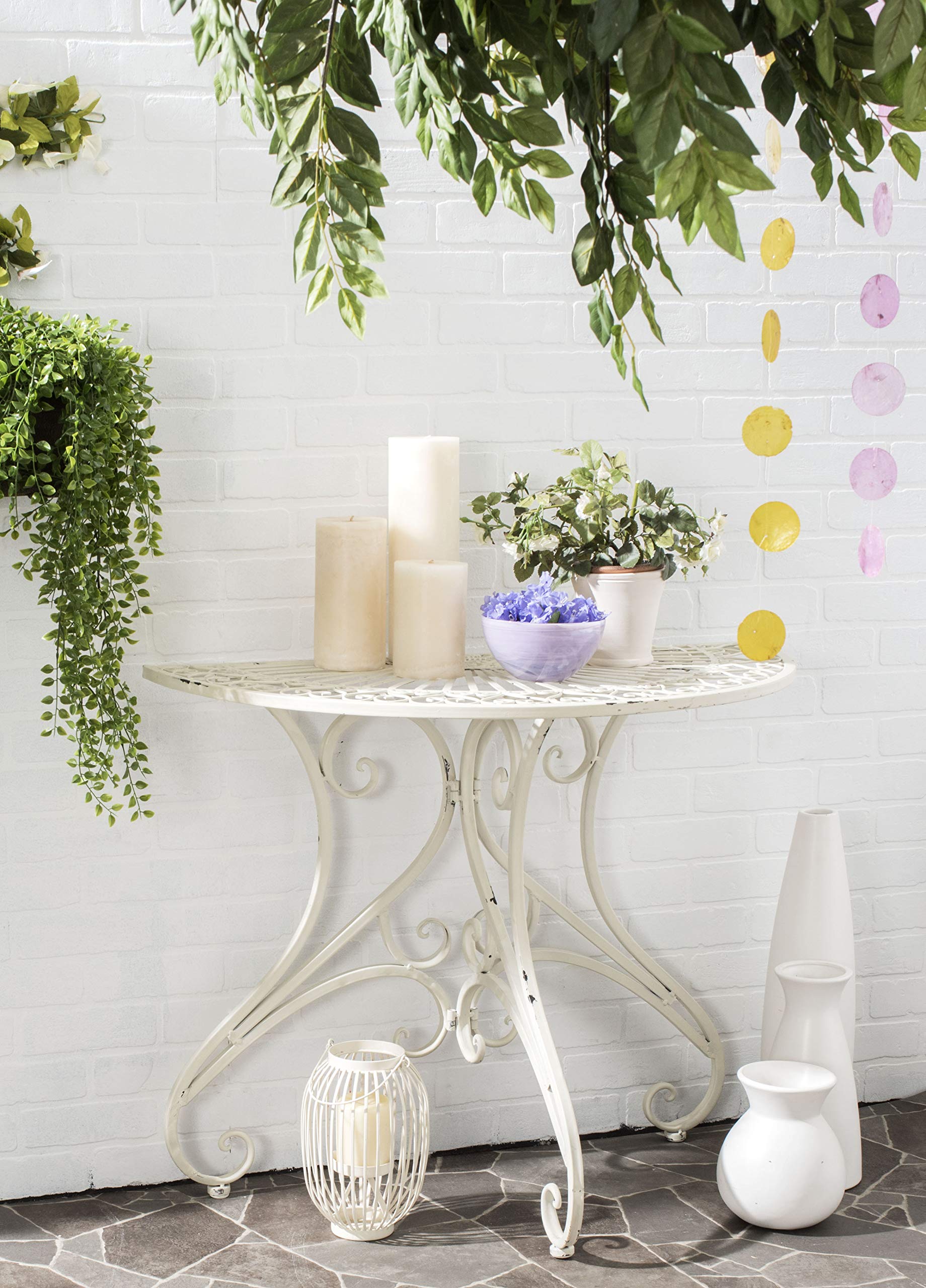 SAFAVIEH Outdoor Collection Annalise Antique White Accent Table - Weather-Resistant Side Table for Patio, Garden & Poolside Decor
