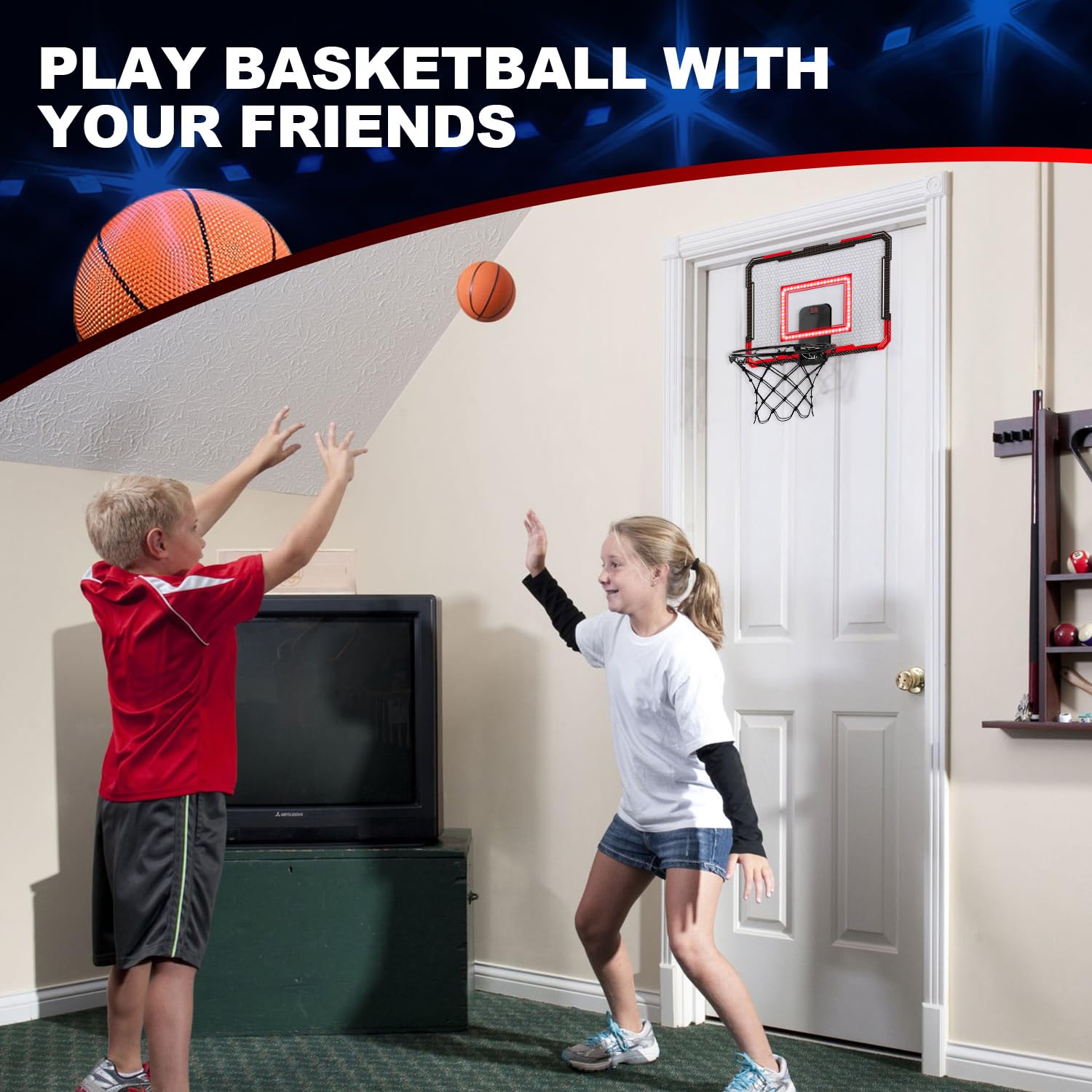 Indoor Basketball Hoop for Kids & Adults - Over Door Mini Hoop with 4 Balls - Perfect for Home & Office Play