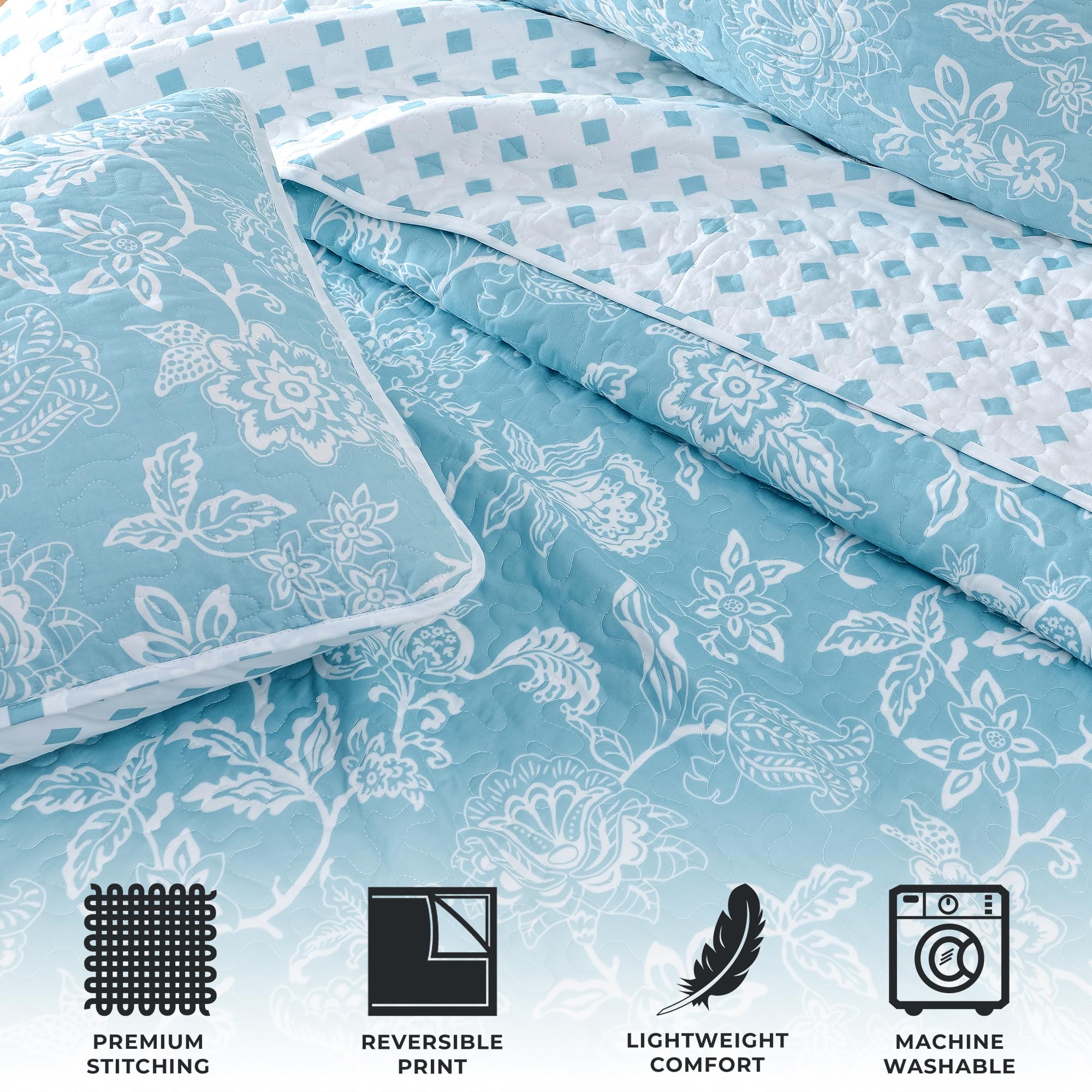 Great Bay Home Floral King Quilt Set with Shams - Delicate Blue Floral Bedding Set | All-Season Lightweight Reversible Bedspread | Farmhouse Style Comfort for Master Bedroom, Guest Room & Cozy Retreats (King, Emma)