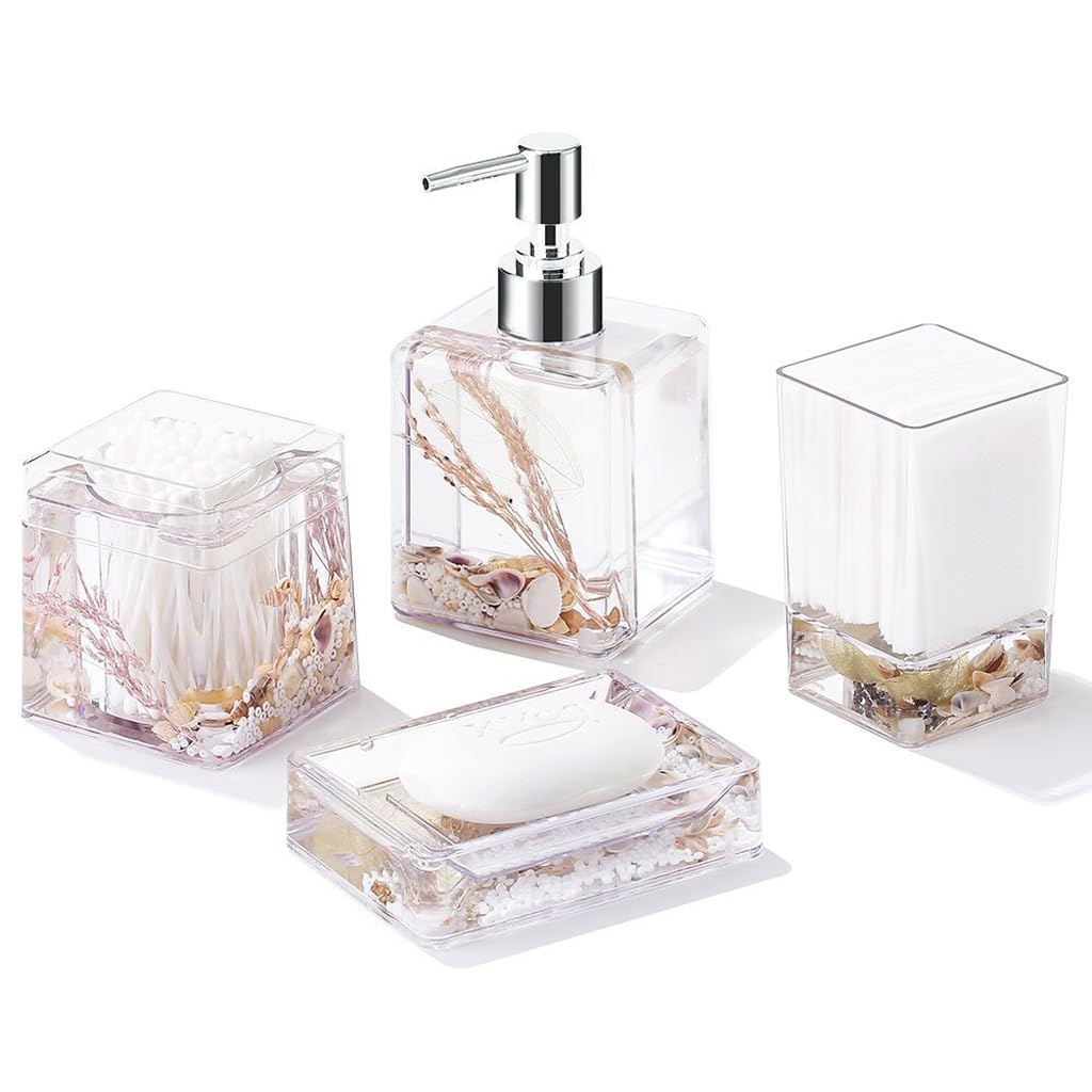 HBJWOV Floating Dried Flower Bathroom Decor Set - Hand Sanitizer Dispenser & Cotton Swab Holder for Spa-Like Bathroom Aesthetics | Perfect for Home Decor, Wedding Showers & Relaxing Self-Care Moments