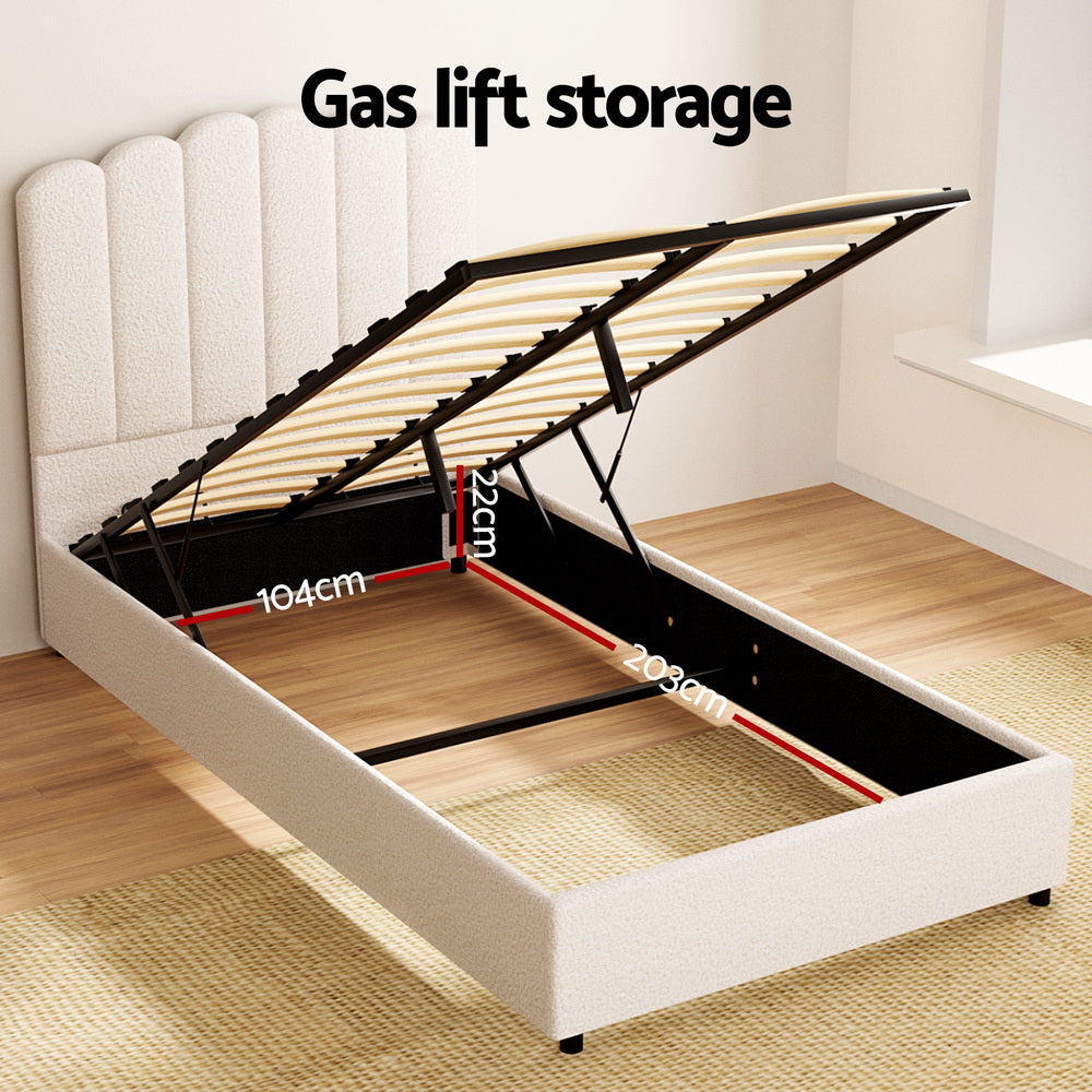 Fion King Single Boucle Storage Bed in Cream White - Space-Saving Platform Bed with Underbed Storage for Small Bedrooms, Dorms & Apartments