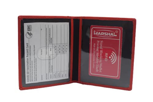 RFID Blocking Genuine Leather Vaccine Card Holder - Waterproof Passport Cover for COVID Vaccination Records - Travel Essentials for Airports & Doctor Visits (Red)