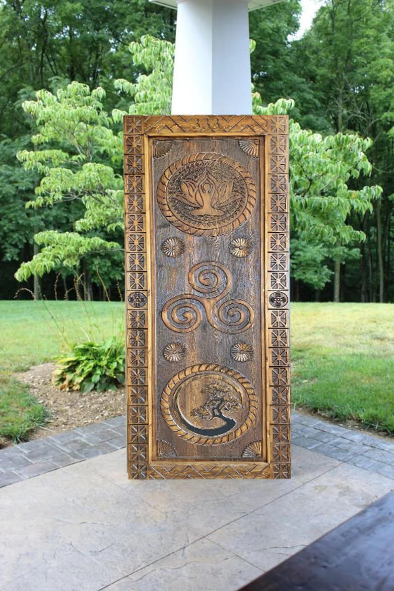 Hand Carved Yoga Barn Door - Solid Mango Wood Custom Interior/Exterior Door - Front Entryway & Wall Decor for Home, Office & Meditation Spaces
