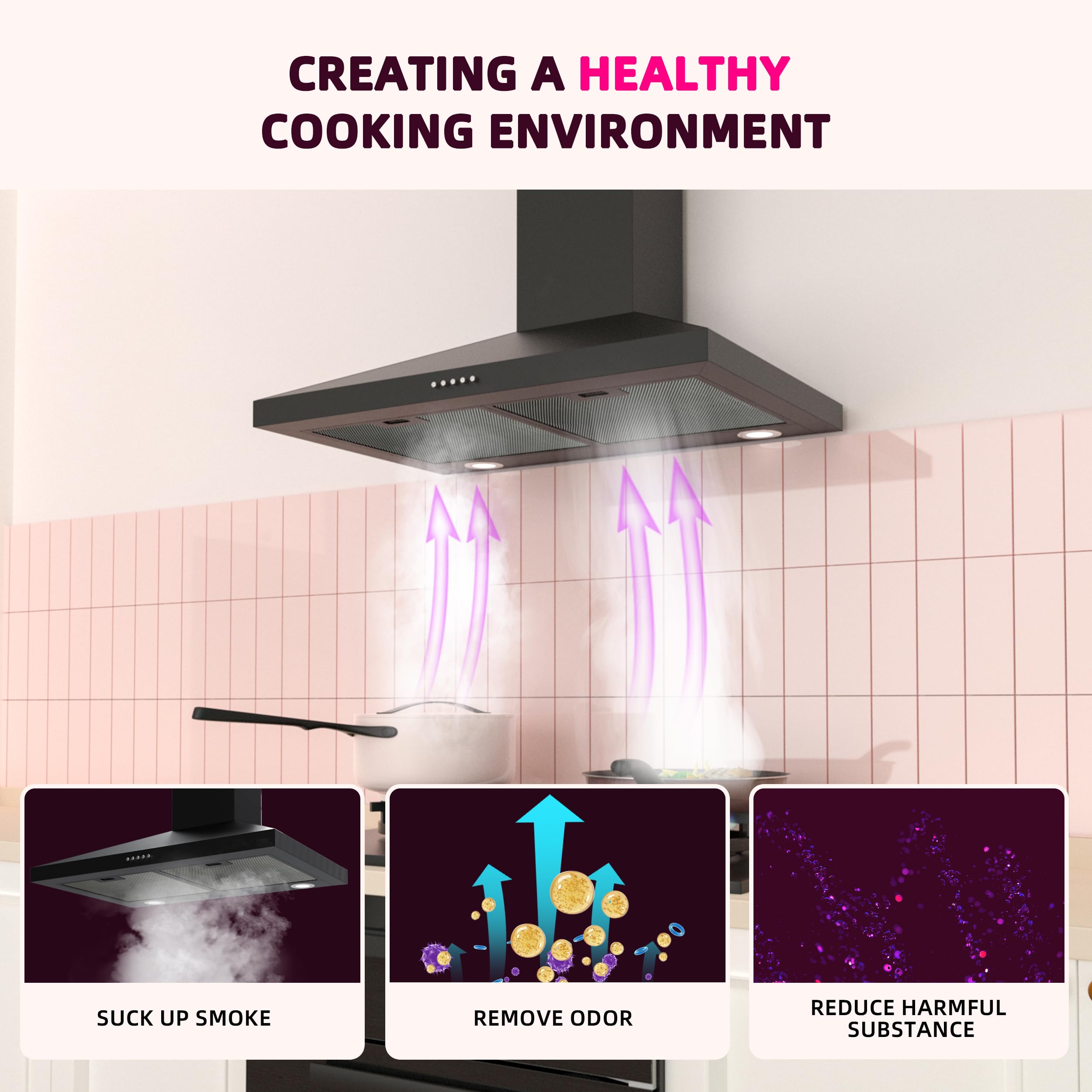 FIREGAS 30 Inch Black Stainless Steel Range Hood - 450 CFM Wall Mount Kitchen Vent with 3-Speed Exhaust Fan & LED Lights | Ducted/Ductless Convertible Design | Includes Charcoal Filters | Perfect for Modern Kitchens, Restaurants & Open-Concept Homes