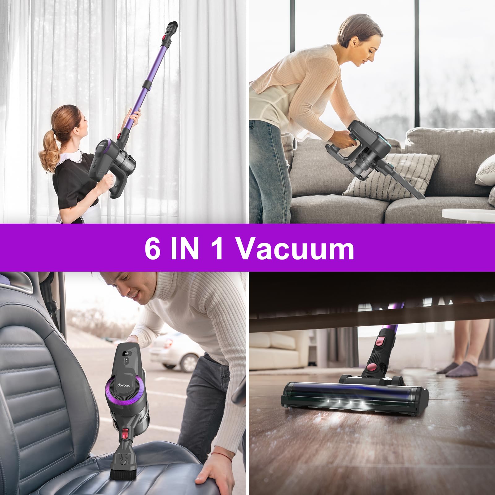 DEVOAC N300 Cordless Vacuum Cleaner - 6-in-1 Lightweight Stick Vacuum for Home & Pet Hair Cleaning