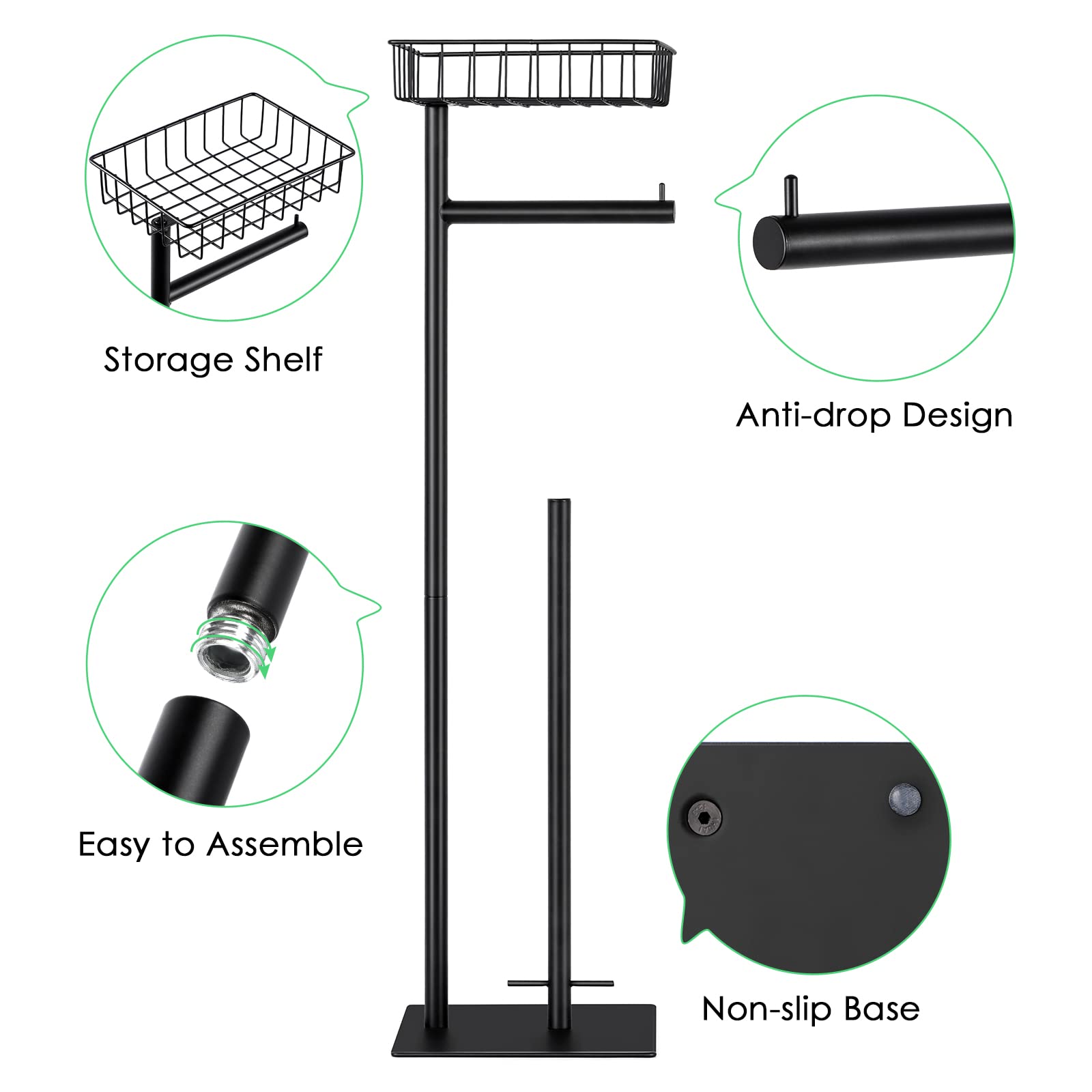 Free Standing Toilet Paper Holder Stand with Storage Basket - Industrial Style Bathroom Tissue Dispenser in Matte Black - Perfect for Home, Office, and RV Use