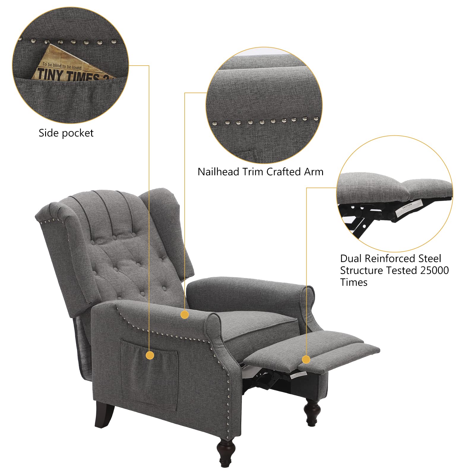 Elizabeth Tufted Wingback Recliner Chair with Massage & Heat - Mid-Century Modern Upholstered Club Chair with Side Pockets - Comfortable Living Room Recliner for Relaxation & Home Theater (Light Grey)