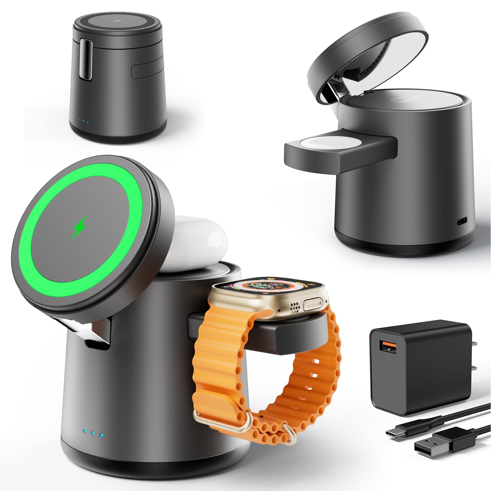 2025 Upgrade 3-in-1 Magnetic Wireless Charging Station - Fast Charging Dock for iPhone 16/15/14/13/12 Pro Max, Apple Watch & AirPods | Adjustable Portable Stand | Perfect for Home, Office & Travel (Gray)