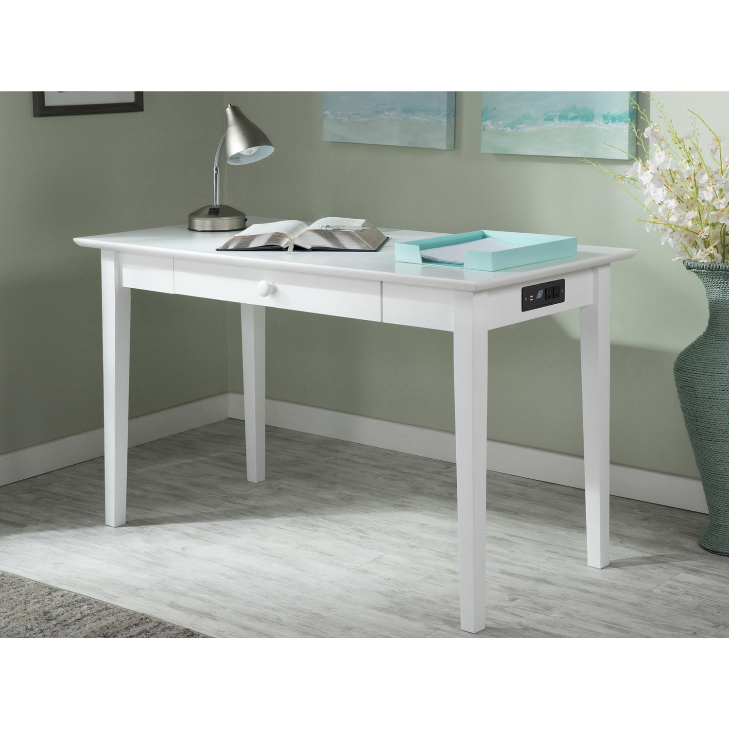 AFI White Shaker Desk with Drawer & USB Charging Station - Compact Home Office Desk for Small Spaces, Study & Work From Home