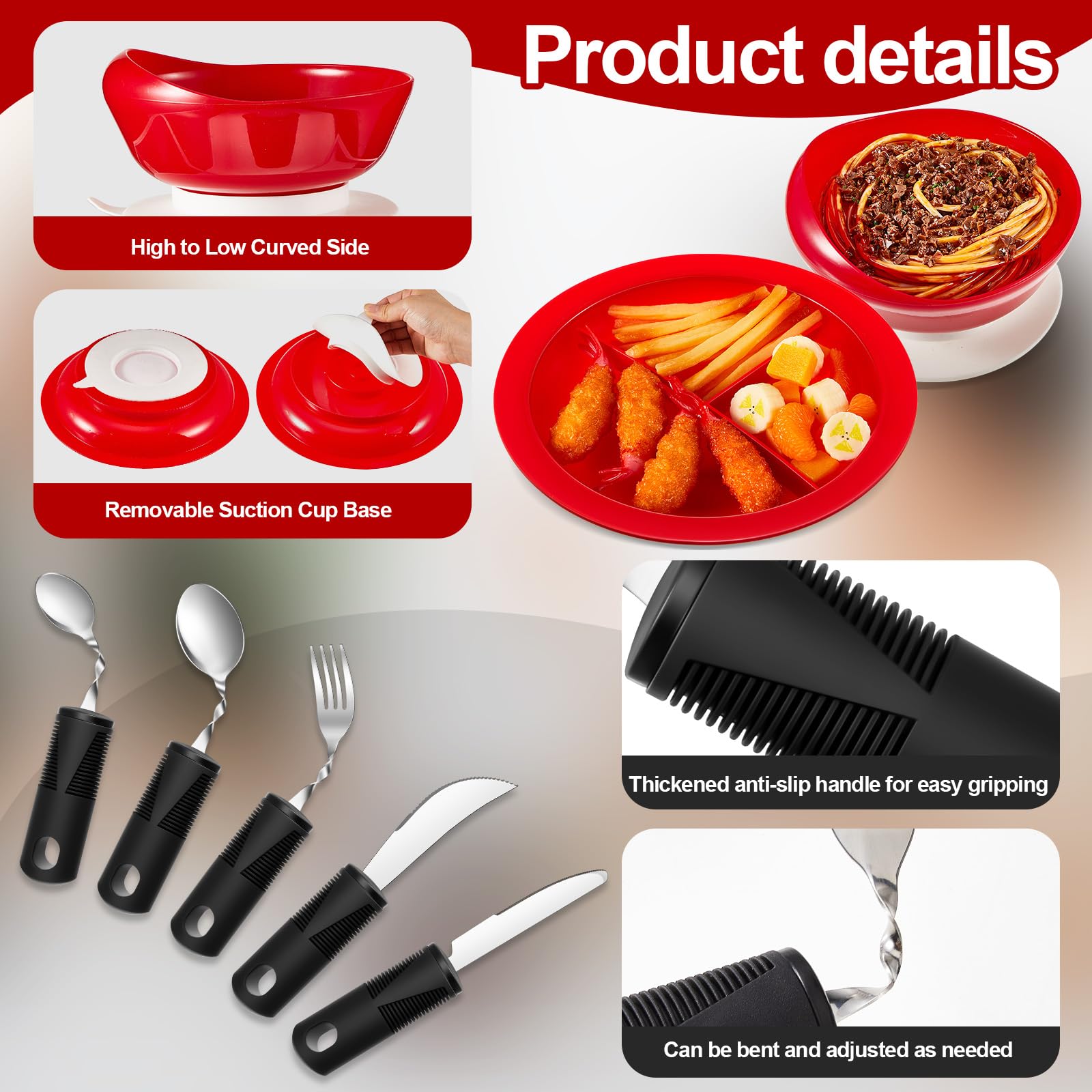 Maxcheck 7-Piece Spill-Proof Scoop Bowl & Divided Plate Set with Suction Base | Non-Slip Weighted Adaptive Utensils | Elderly & Disabled Self-Feeding Dinnerware | Ideal for Assisted Living & Home Care