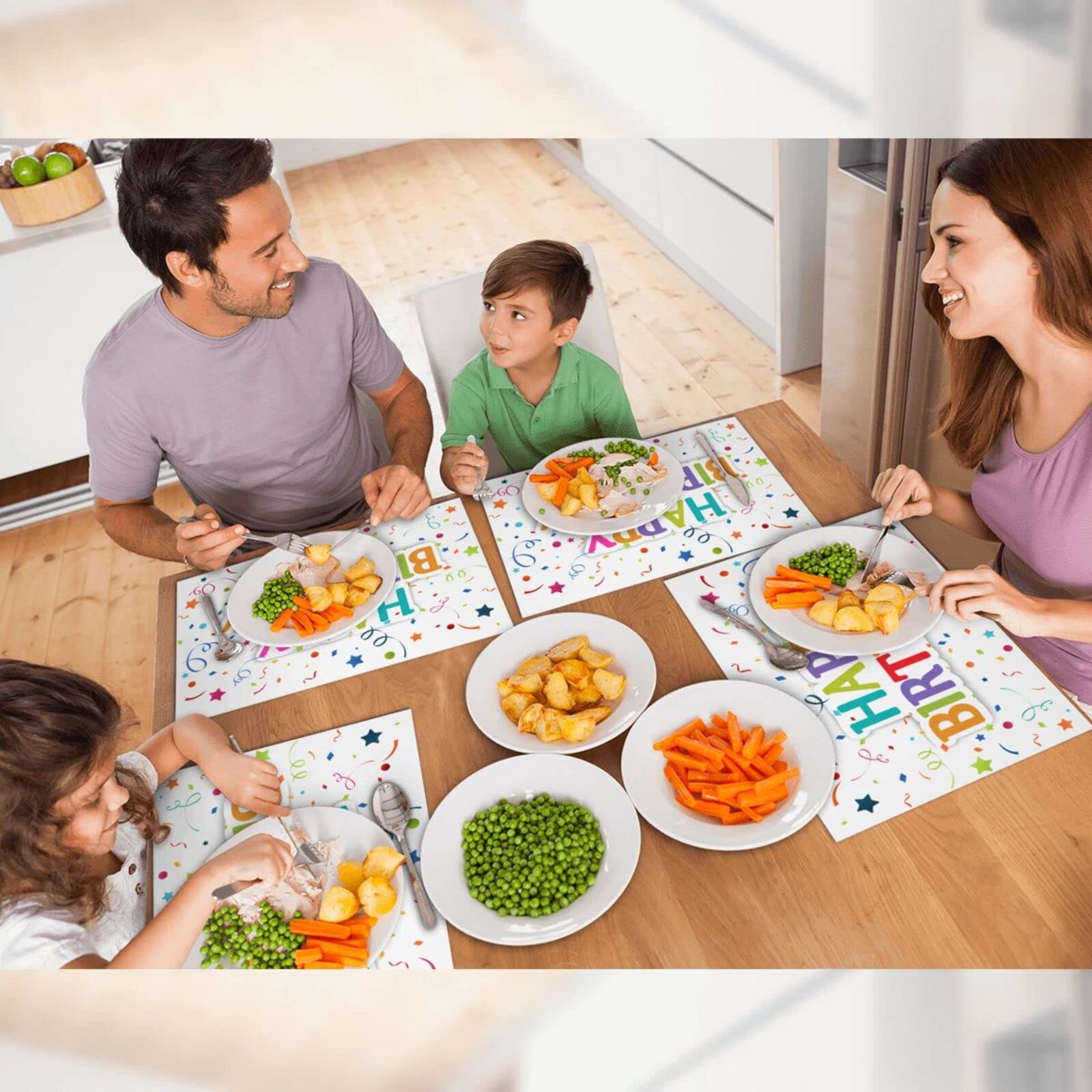Happy Birthday Woven Fabric Placemats Set of 4 - Rectangle Dining Table Mats for Birthday Parties, Family Gatherings & Holiday Celebrations