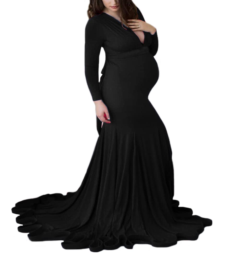 Elegant Maternity Gown - Slim Fit Long Sleeve V-Neck Maxi Dress for Pregnancy Photoshoots | Comfortable & Stylish Maternity Wear for Baby Showers, Maternity Photos, and Special Occasions
