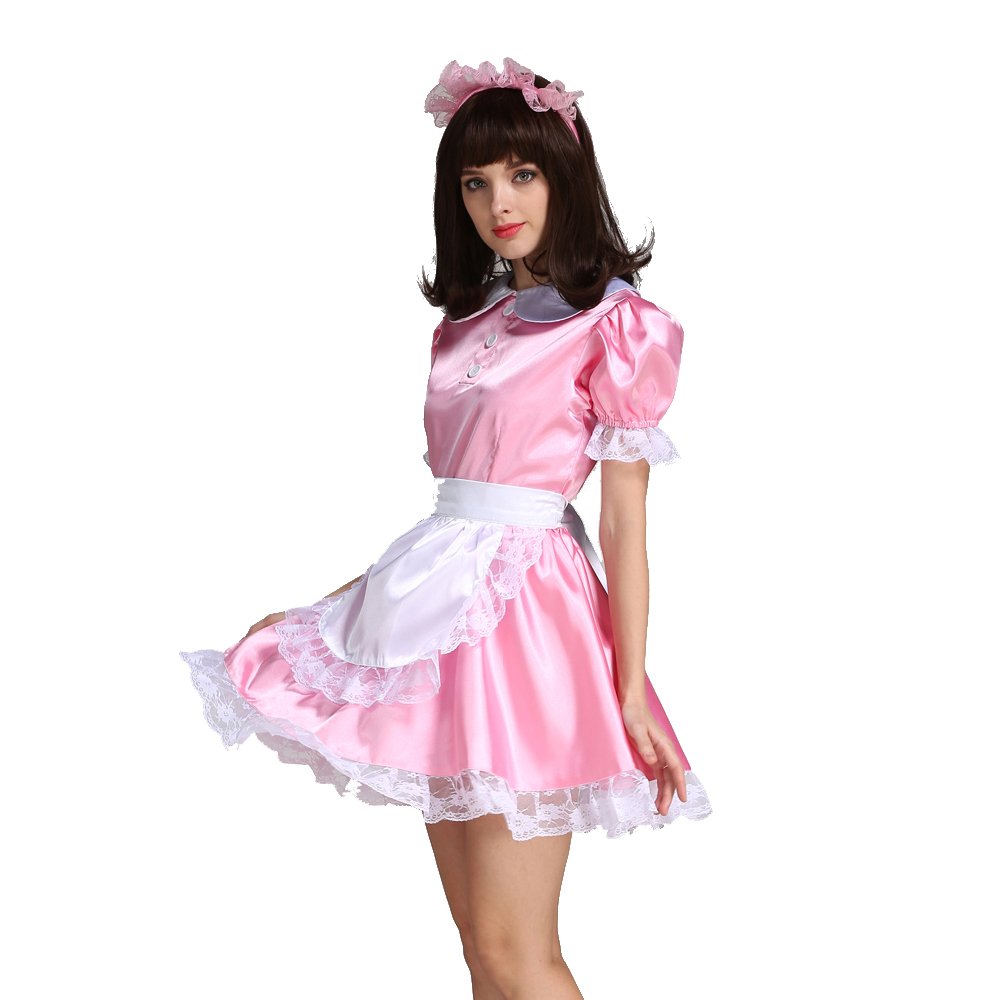 Sexy Pink Satin French Maid Costume for Women - Halloween Cosplay, Role Play, Crossdressing & Party Outfit