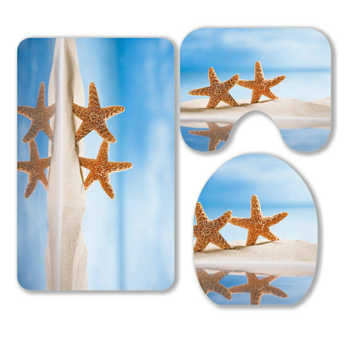 ECZJNT Starfish Ocean Beach Seascape 3-Piece Bathroom Rug Set - Non-Slip Bath Mat, Contour Mat & Toilet Lid Cover - Coastal Decor for Beach House, Bathroom & Vacation Home