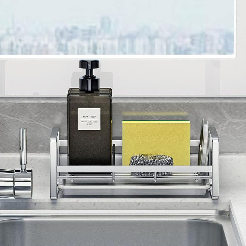 Stainless Steel Kitchen Sink Organizer - Dish Soap & Sponge Holder, Scrub Brush Caddy, Rust-Proof Countertop Cleaning Tool (9.64 x 4.33 x 3.54 inches) - Perfect for Kitchen, Bathroom & Utility Sink Organization