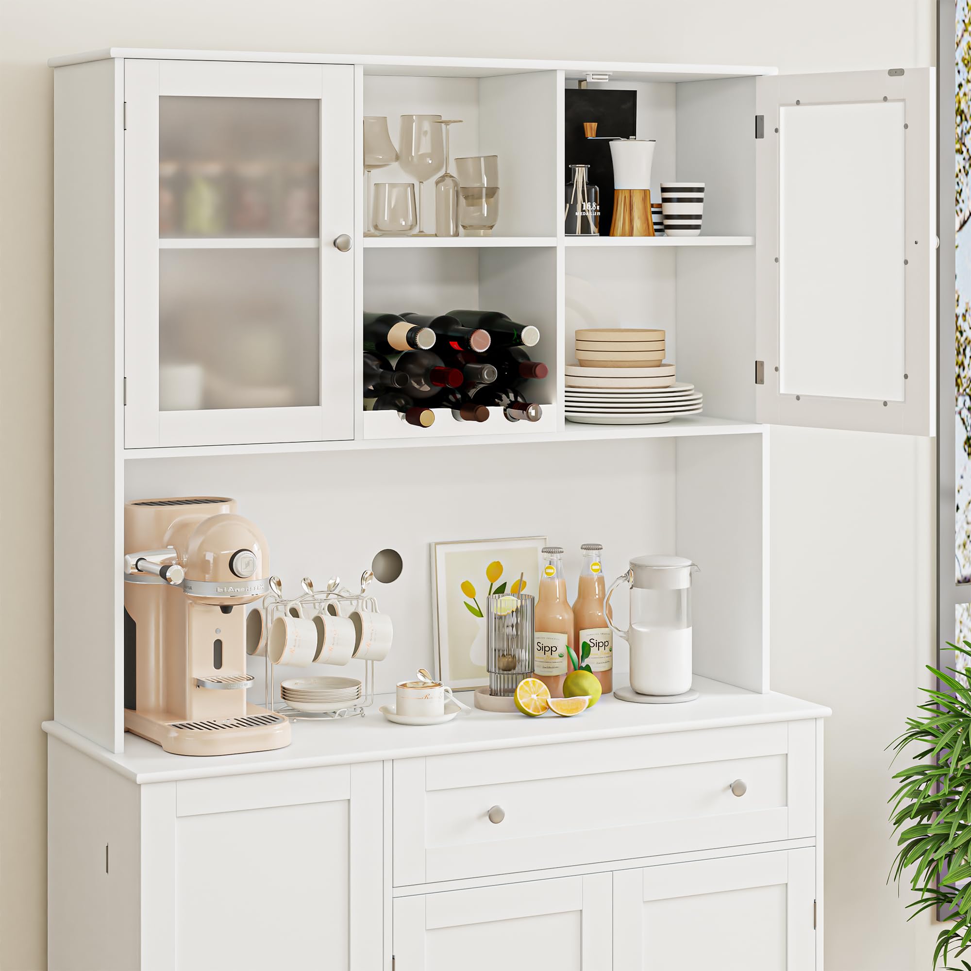 Modern White Kitchen Pantry Storage Cabinet with Hutch & Microwave Stand - Buffet Cabinet with Doors, Shelves & Wine Rack for Dining Room | Perfect for Small Kitchen Organization & Stylish Home Decor