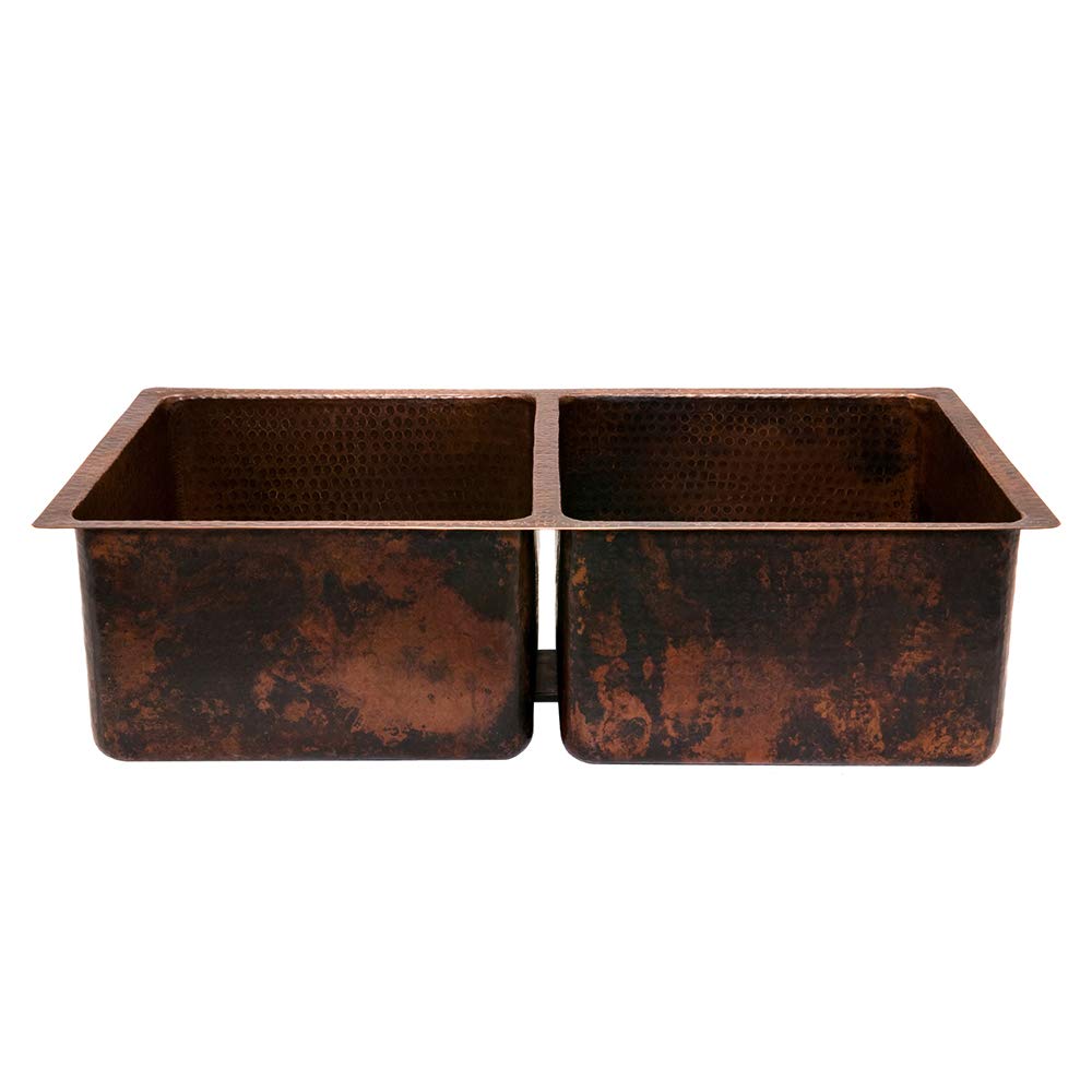 Premier Copper Products KSP3_K50DB33199 33-Inch Basin Split Copper Kitchen Sink with Drain - Rust-Resistant, Durable & Stylish for Modern Farmhouse & Rustic Kitchens