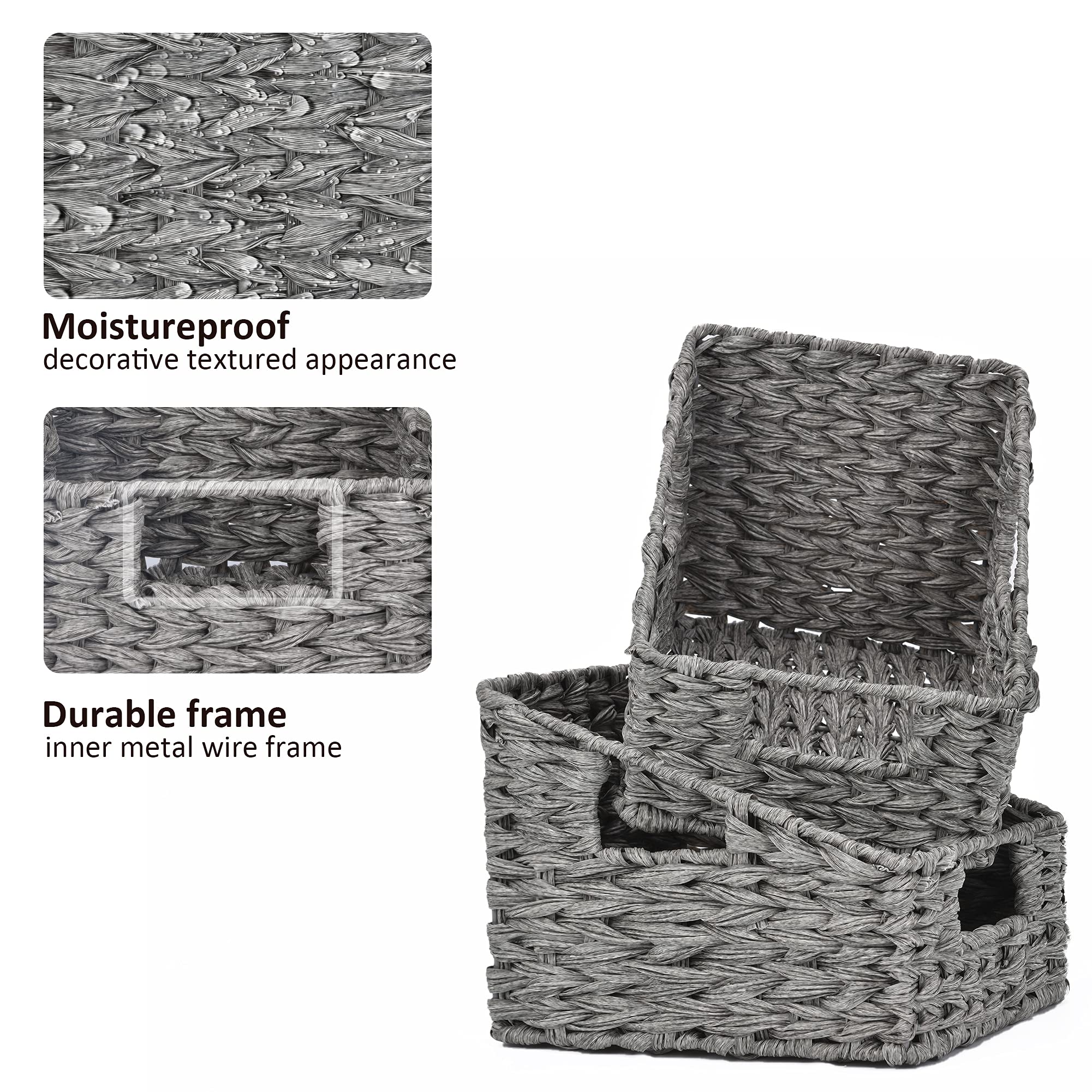 Odorless Waterproof Woven Wicker Basket with Handles - 2-Pack Ash Gray Trapezoid Storage Baskets for Organizing Books, Photos & Home Decor | Perfect for Living Room, Bedroom & Bathroom Organization