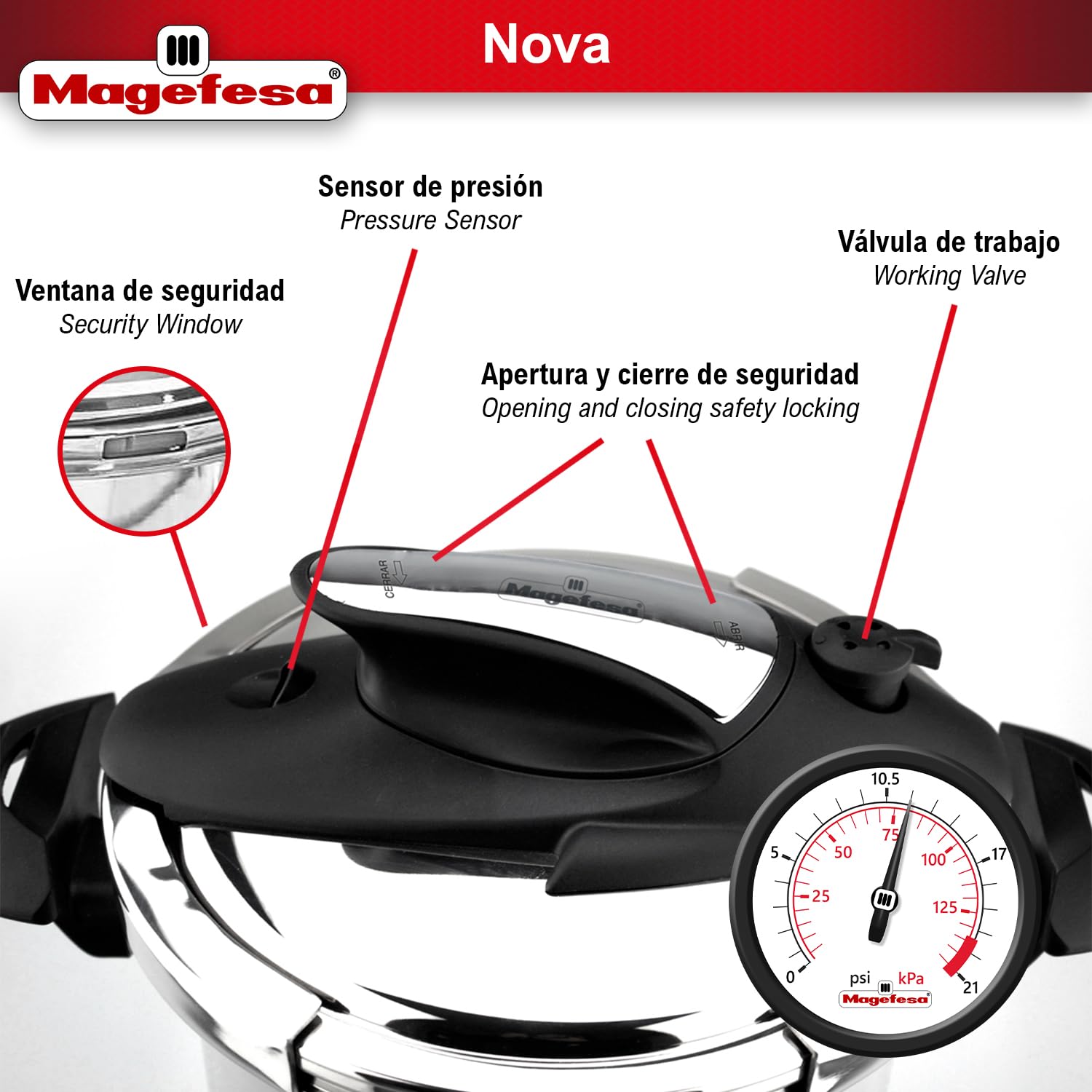 Magefesa Nova 6.3 Quart Stainless Steel Pressure Cooker - Fast Cooking, Easy Locking, Induction Compatible, 5 Safety Systems (11.6 PSI) - Perfect for Soups, Stews & Family Meals