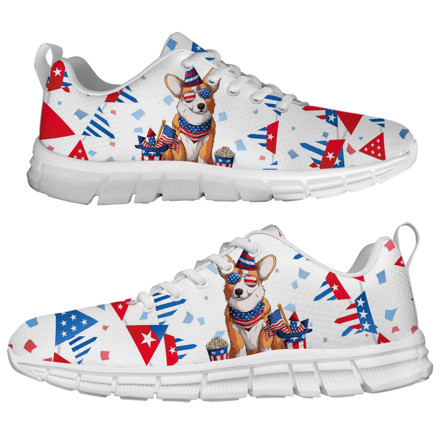 Custom 3D Printed Patriotic Welsh Corgi Sneakers for Women & Men - July 4th Themed Tennis Shoes (Men's Size 5, Women's Size 7) - Perfect Independence Day Gifts for Boys, Girls & Adults - Great for Casual Wear, Parties & Patriotic Events