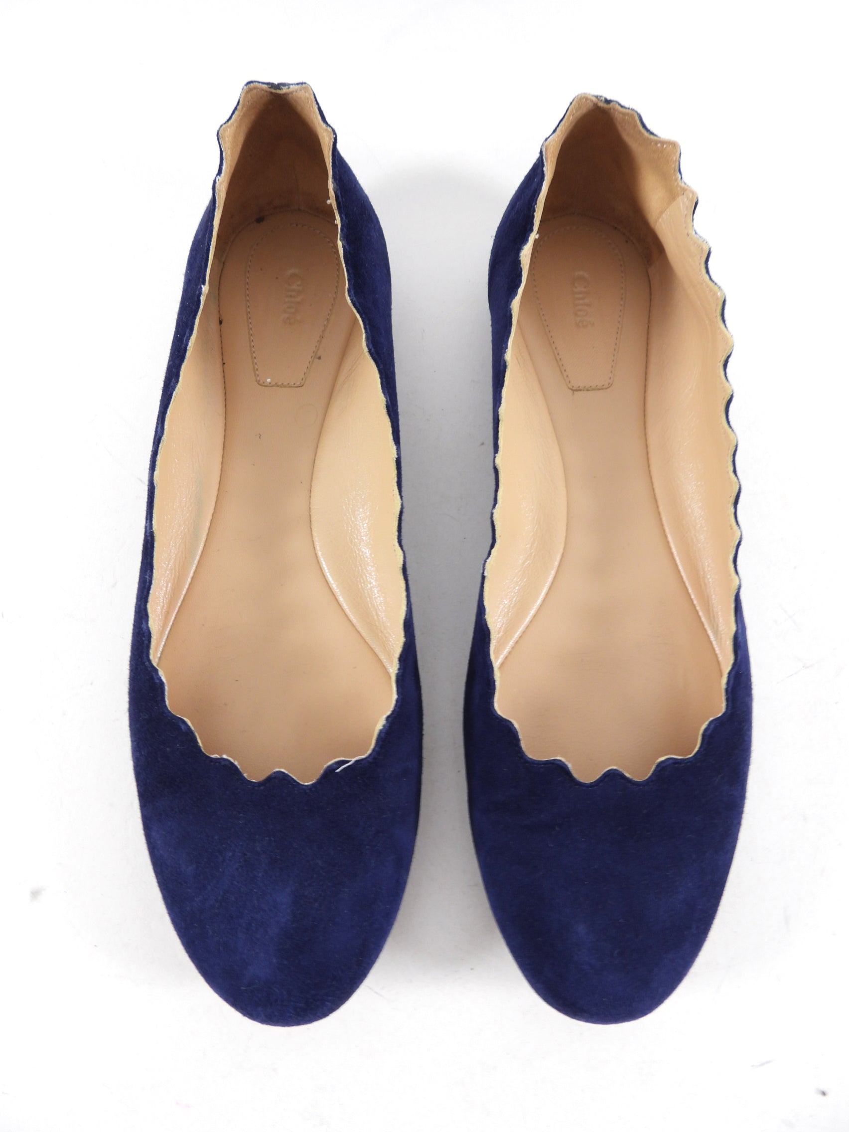 Chloe Navy Suede Scallop Lauren Flat Shoes Women's Size 39 - Comfortable Loafers for Work, Office & Casual Outfits