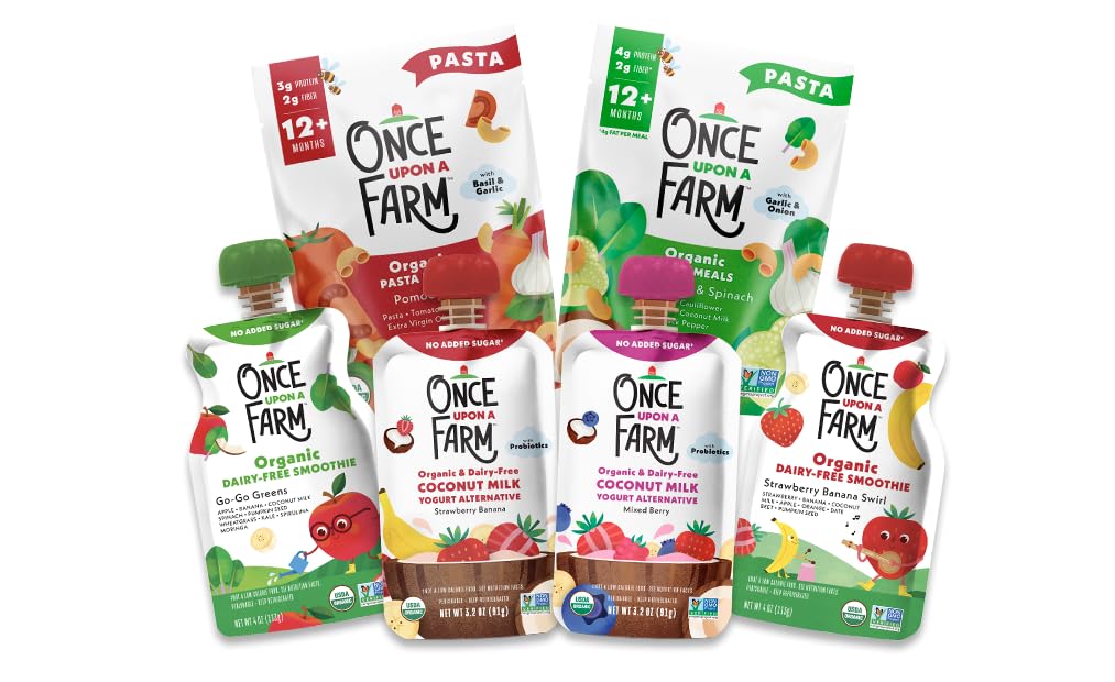 Once Upon a Farm Organic Frozen Pasta Meals & Refrigerated Smoothies - Variety Pack of 24 | Healthy Kids Snacks, Toddler Meals & On-the-Go Lunch Options | USDA Certified Organic, Non-GMO, No Added Sugar