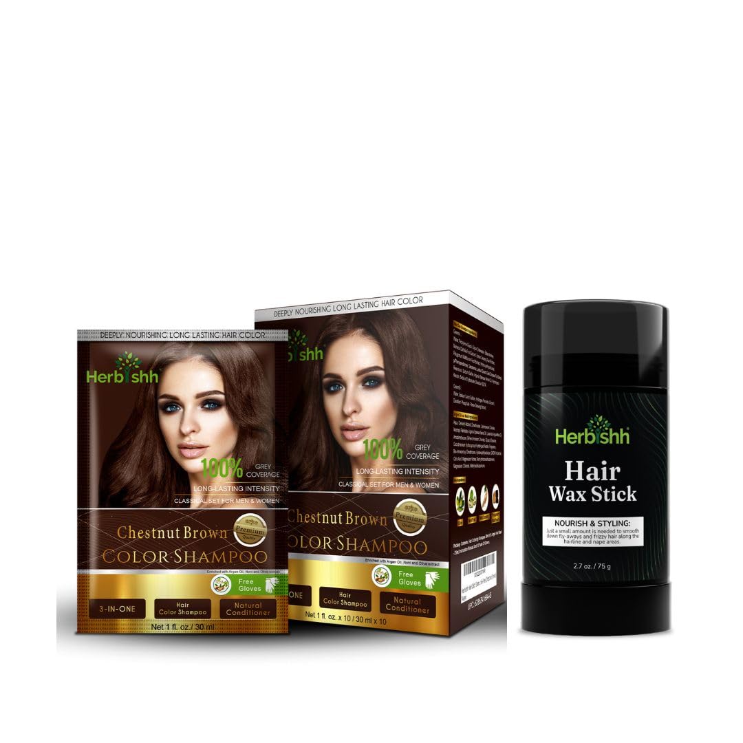 Herbishh Chestnut Brown Hair Color Shampoo for Gray Hair - Permanent Natural Dye with Hair Wax Stick for Women & Men | At-Home Hair Coloring Solution for Covering Grays & Touch-Ups