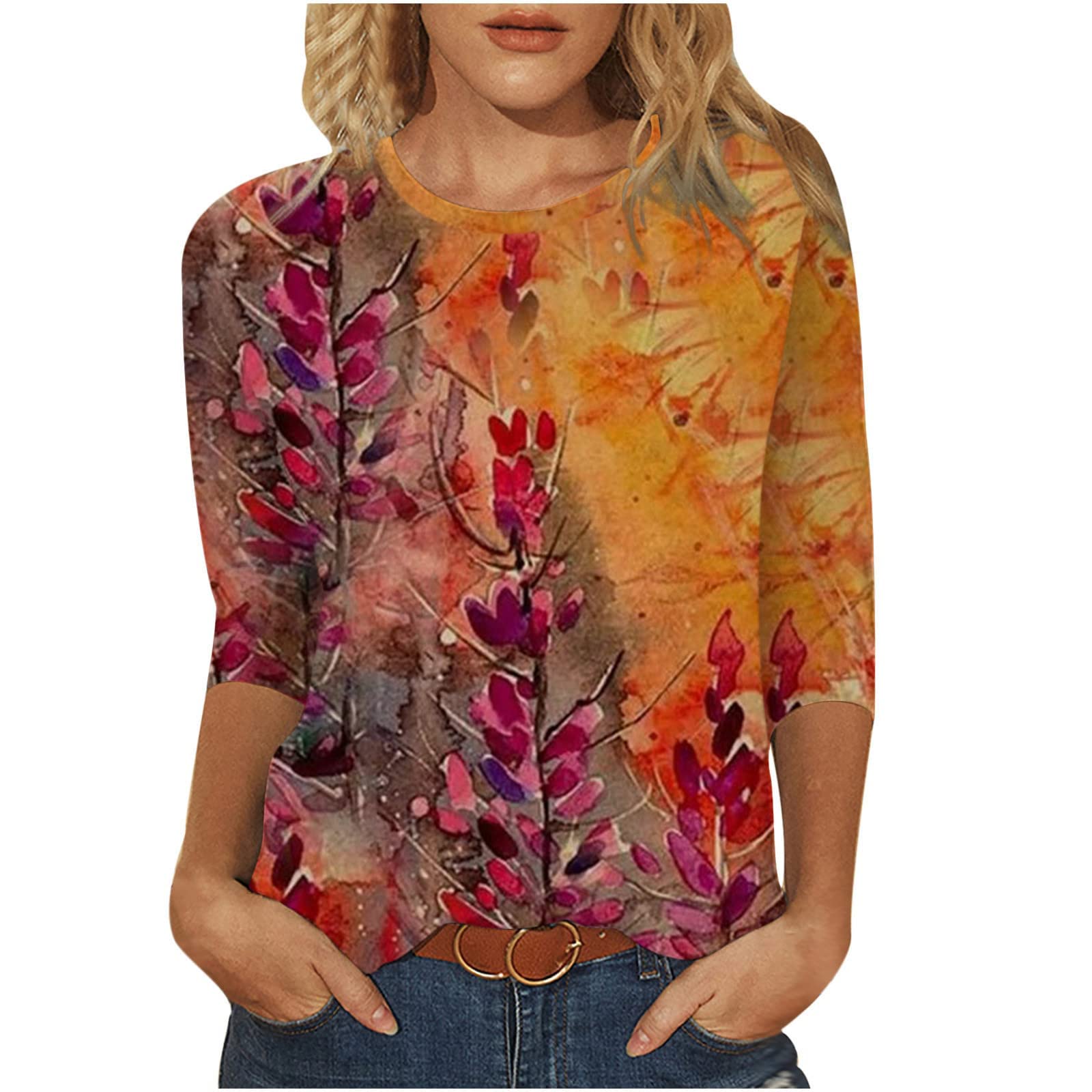 SNKSDGM Women's 3/4 Sleeve Vintage Floral Print Round Neck Casual Loose Fit T-Shirt - Perfect for Holiday, Beach, and Everyday Wear