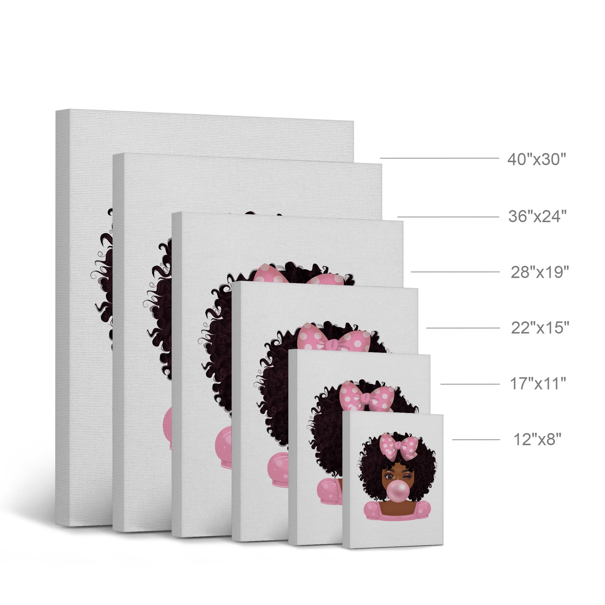 Twinkled Cute African Girl Pink Bubble Gum Canvas Wall Art Print - Afro Baby Nursery Decor with Dotted Ribbon Bow - Ready to Hang 36x24 - Perfect for Kids' Room, Bedroom & Home Decoration - Made in USA