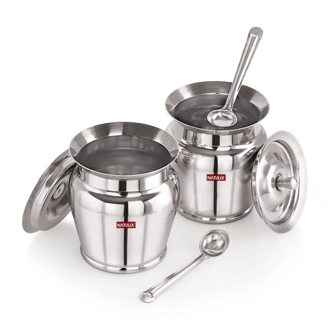 Premium NATULIX Stainless Steel Ghee Pot with Spoon & Lid - 400ml (Pack of 2) - Silver - Ideal for Cooking, Storage & Serving Organic Ghee, Butter & Oils