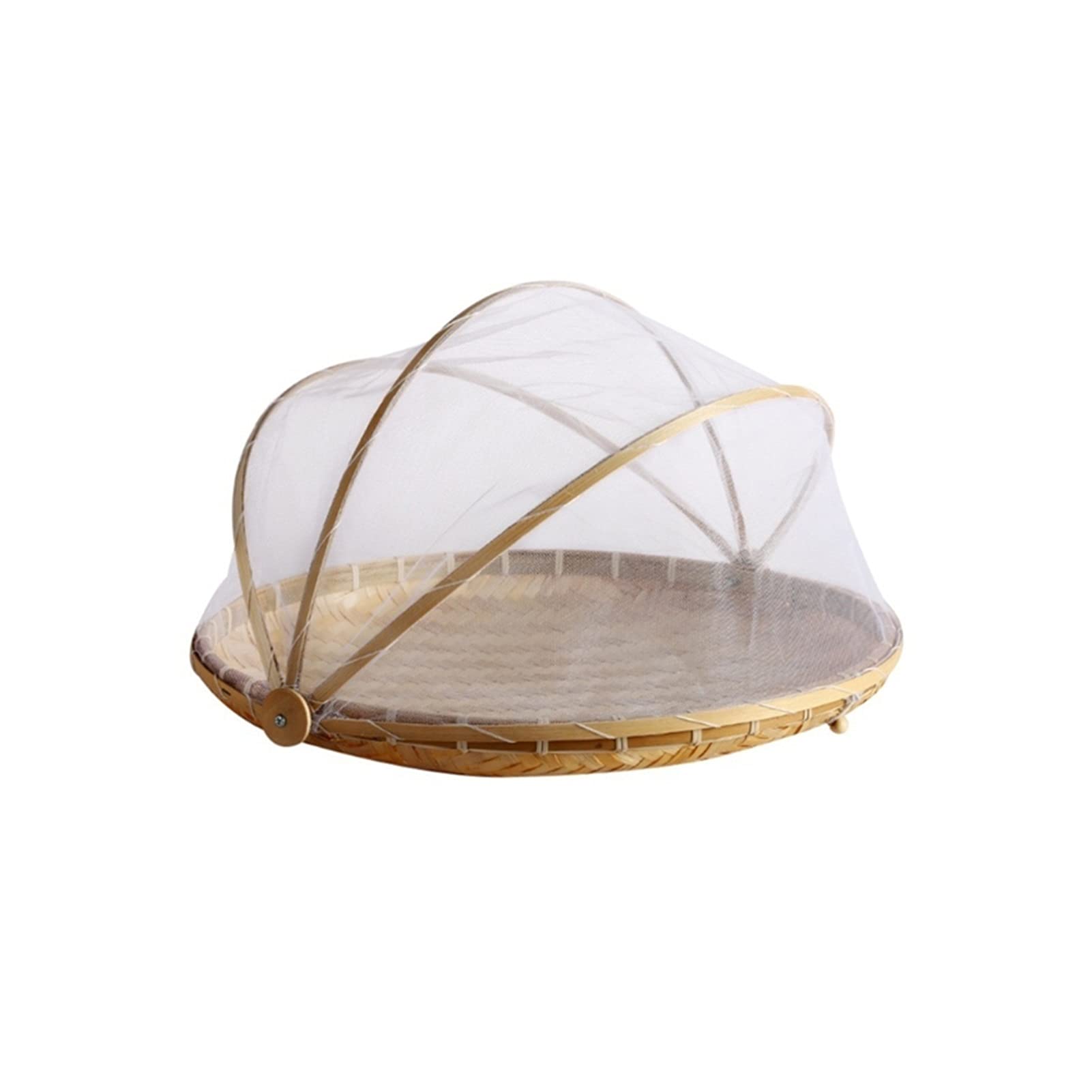 XIAOHUANG Handmade Bamboo Woven Basket with Bug Proof Net - Round Dustproof Picnic Tray for Fruits, Vegetables, Bread & Food Storage - Perfect for Outdoor, Kitchen & Party Use (Color: Small)