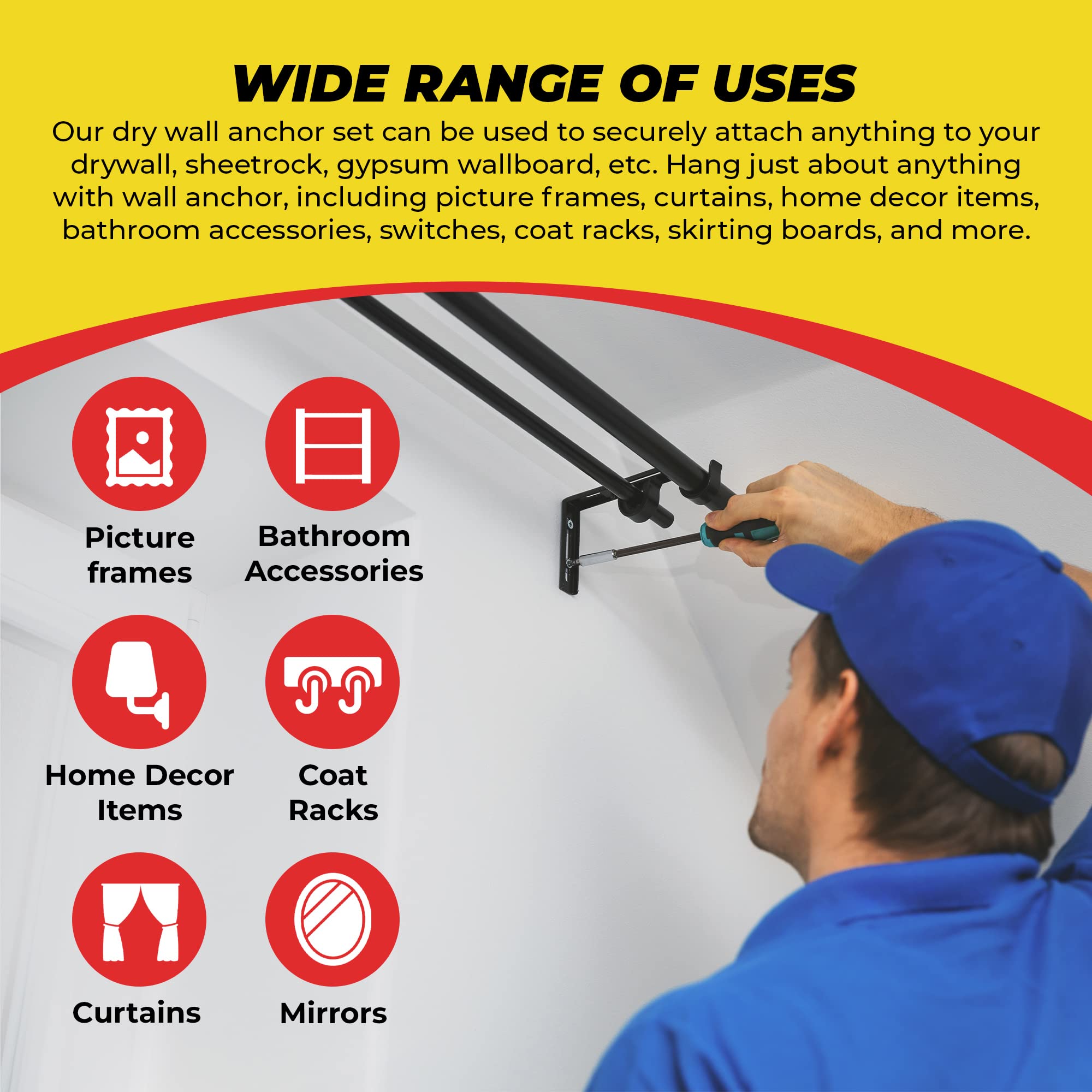 Qualihome Self Drilling Drywall Anchors - Heavy Duty Plastic Wall Anchors for Drywall, Gypsum Board & Sheetrock - No Pre-Drilling Needed - Holds 75 lbs (200 Pack) - Perfect for Hanging Pictures, Shelves, Mirrors & Home Decor