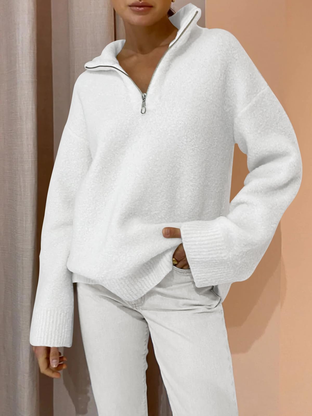 LILLUSORY Women's Oversized Half Zip Sweater - Fuzzy Knit Chunky Pullover with V-Neck for Fall 2024 | Warm & Cozy Winter Fashion | Perfect for Casual Outfits, Office Wear & Weekend Relaxation