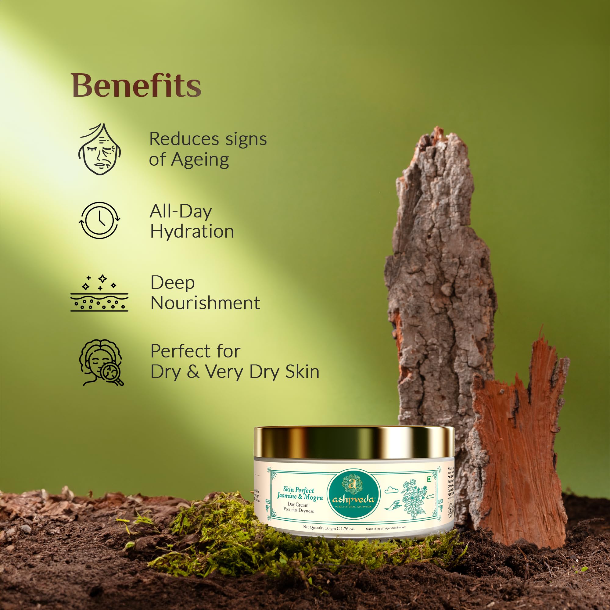 **Ashpveda Ayurvedic Skin Perfect Jasmine & Mogra Day Cream – Natural UVA/UVB Sun Protection, Chemical-Free SPF Cream for Women & Men (50g) | Daily Moisturizer for Glowing Skin**