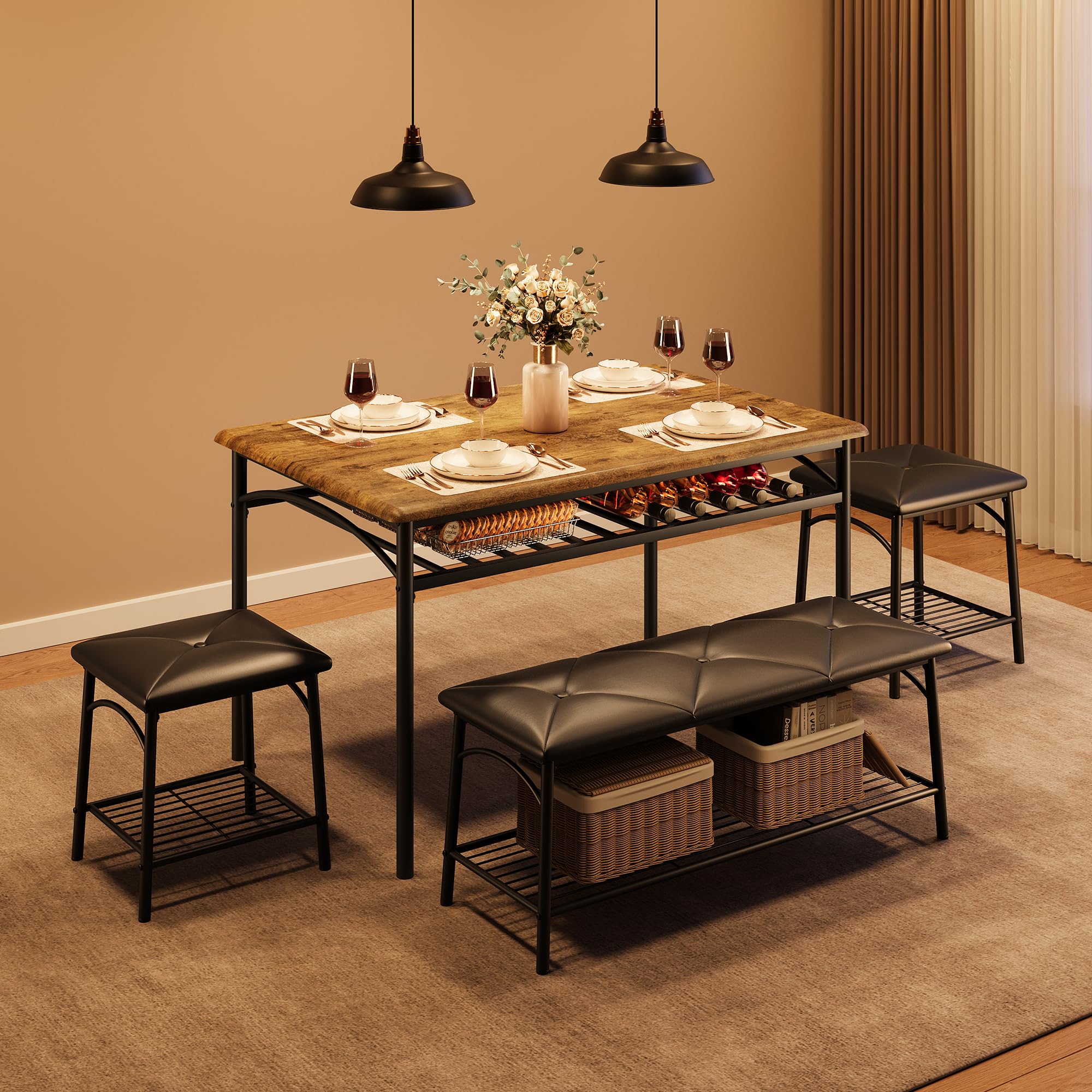 IDEALHOUSE 4-Piece Rustic Brown Dining Table Set with Upholstered Bench & Square Stools - Space Saving Kitchen Table for Small Apartments | Perfect for Breakfast Nooks, Compact Dining Areas & Cozy Family Meals