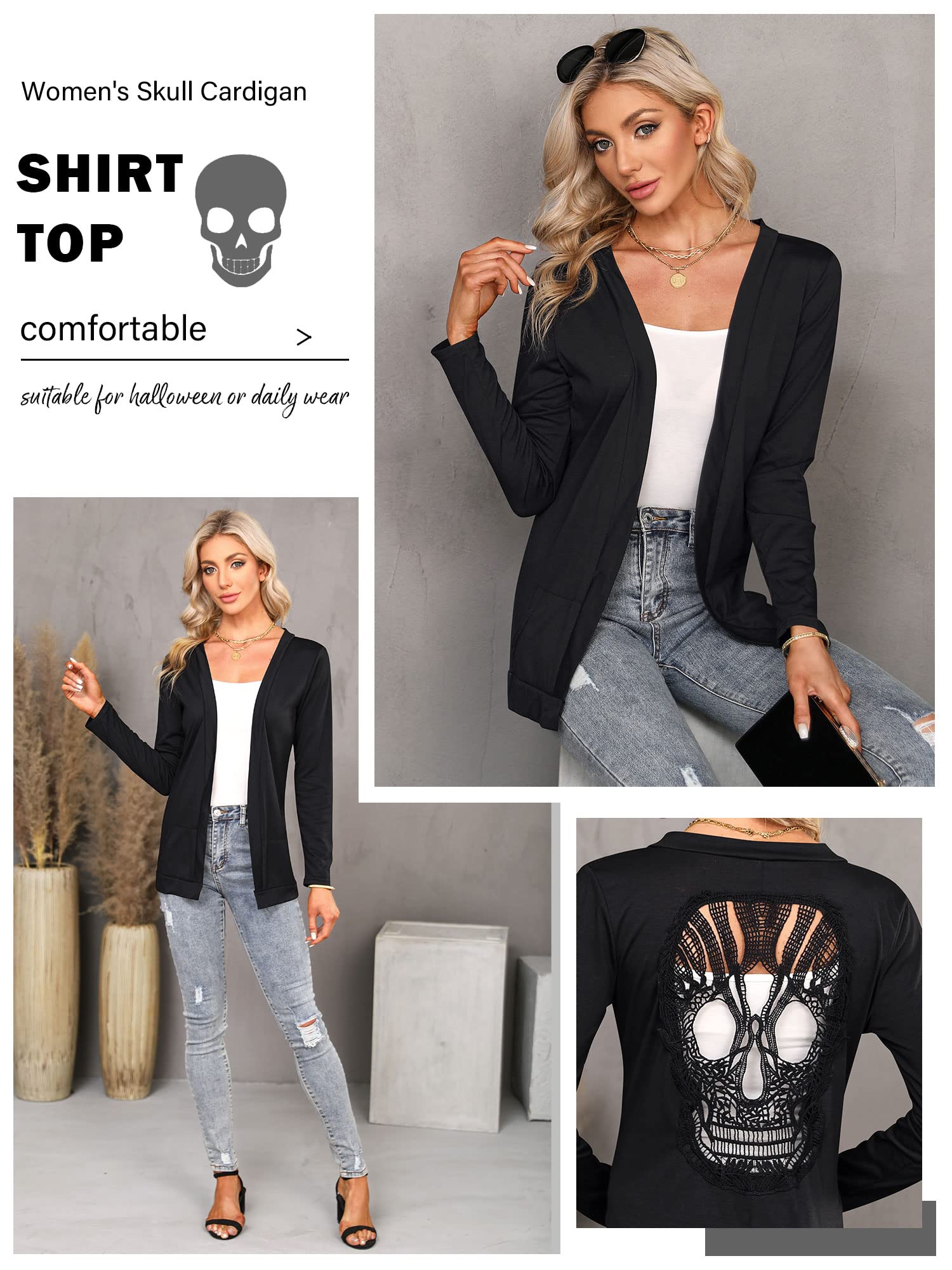 WLLW Women's Long Sleeve Open Front Cardigan with Back Cut Out Skull Design - Stylish Layering Top for Fall Fashion, Casual Outfits, and Night Out Looks
