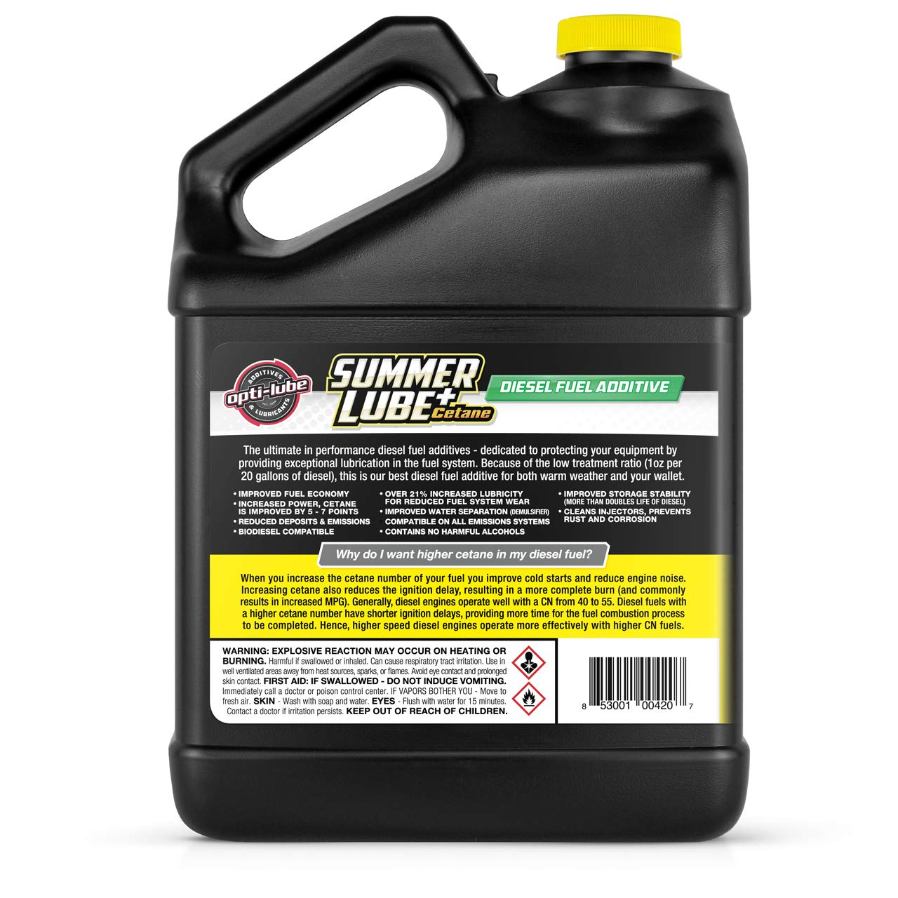 Opti-Lube Summer+ Cetane Boost Diesel Fuel Additive - 1 Gallon Bottle with Free HDPE Hand Pump & 2 Empty 4oz Bottles | Improves Engine Performance & Fuel Efficiency | Treats 2,560 Gallons | Ideal for Trucks, Heavy Equipment & Diesel Generators
