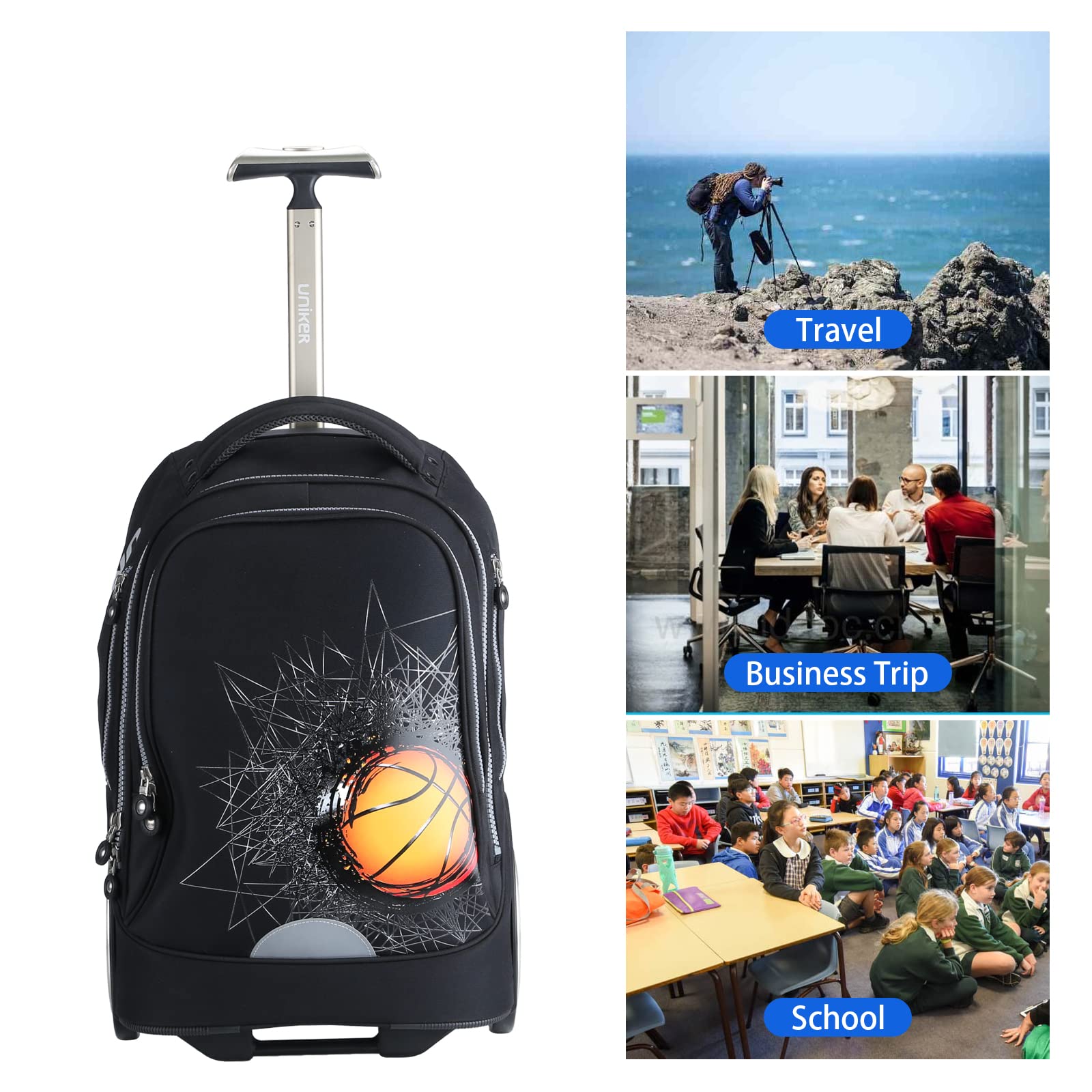 UNIKER 14 Inch Rolling Laptop Backpack with Wheels - 20 Inch Wheeled Computer Bag for Business Travel & Commuting (Basketball Design) - Perfect for Airports, Office & College Campus Use