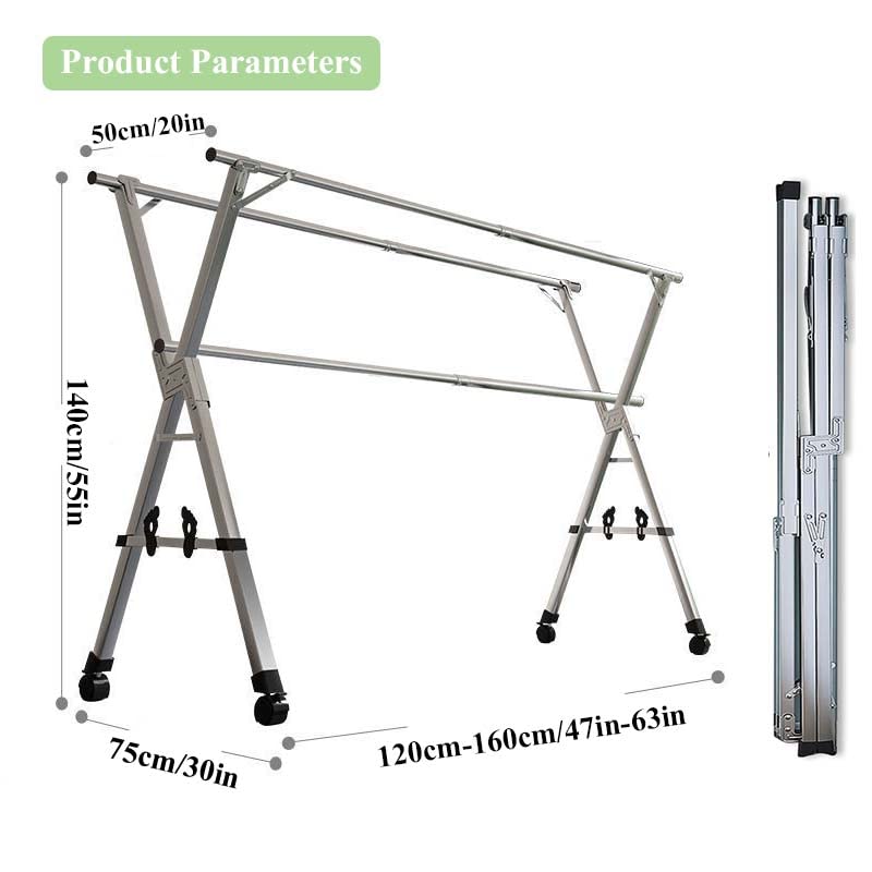 Foldable Stainless Steel Clothes Drying Rack with Wheels - Adjustable 150cm/59in Laundry Hanger for Clothes, Towels & Linens | Space Saving Collapsible Garment Rack for Small Apartments, Balconies & Laundry Rooms