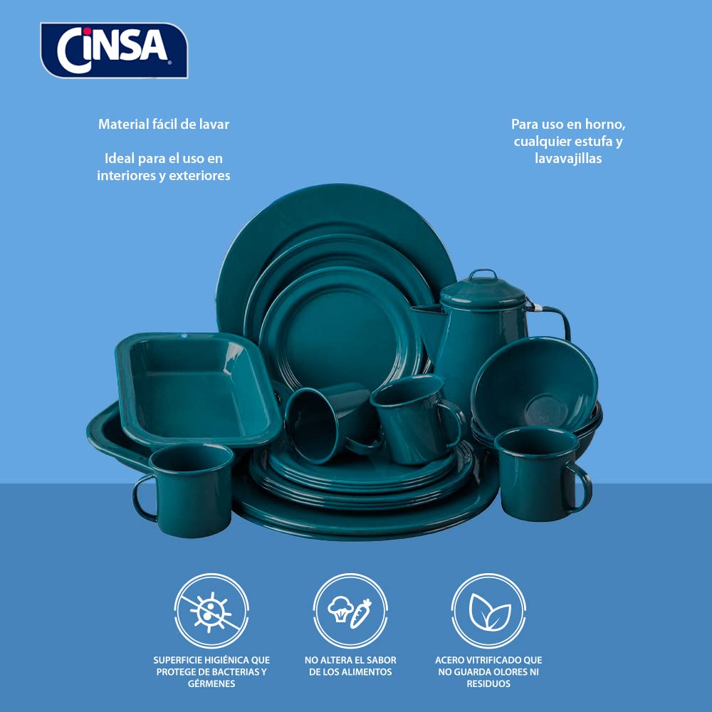 Cinsa 23-Piece Enameled Dinnerware Set for 4 - Camping & Outdoor Plates, Bowls, Mugs & Coffee Boiler - Durable, Easy Clean, Fire-Resistant Green Tableware - Perfect for Picnics, RV Trips & Backpacking Adventures