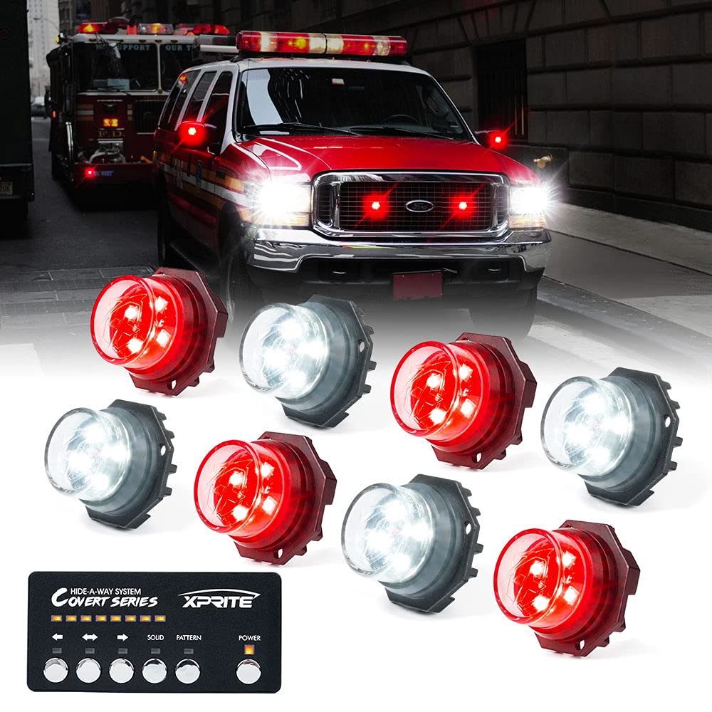 Xprite White & Red LED Hideaway Strobe Lights Kit - 20 Flashing Patterns with Control Panel for Headlights, Taillights & Fog Lights - 8PC Interior Mounting Kit for Emergency Vehicles, Firefighter Cars, Trucks & SUVs - Perfect for Roadside Emergencies, Construction Zones & Security Patrols