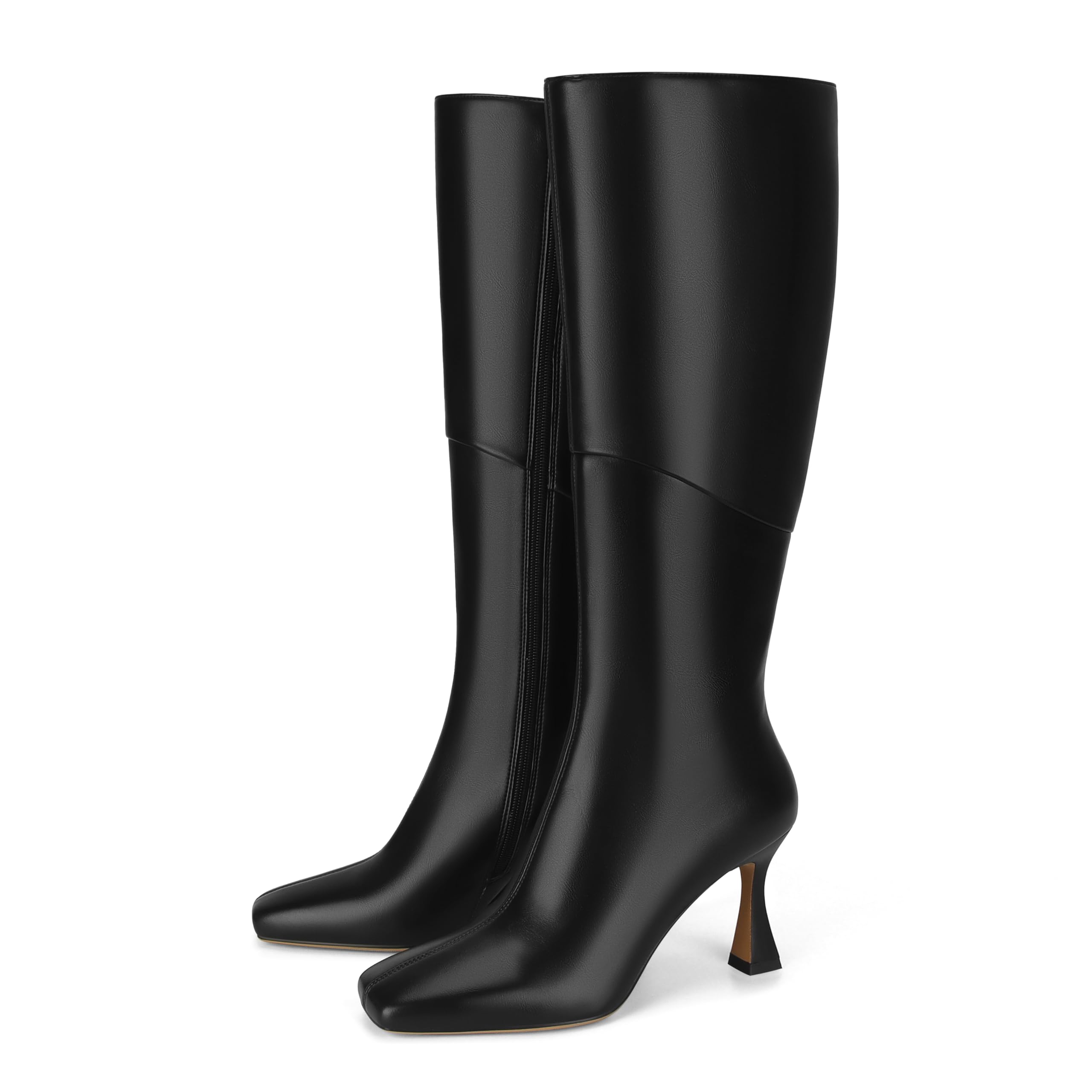DOEYG Women's Black Leather Knee High Boots - Kitten Heel Square Toe Stiletto Heels Dressy Fashion Boots with Side Zipper | Perfect for Office, Party & Winter Outfits