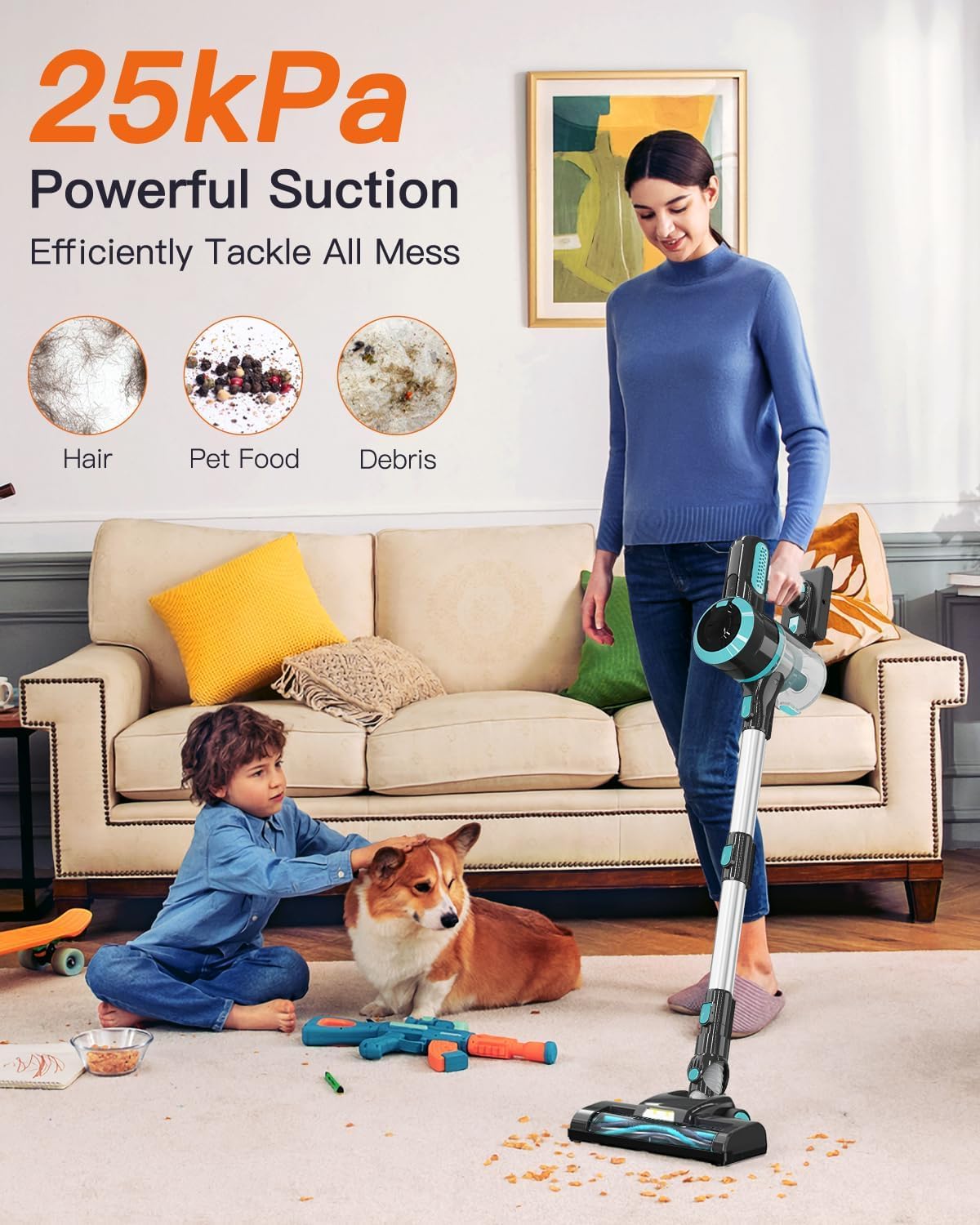 2024 Upgraded Cordless Vacuum Cleaner - 25Kpa Suction, 120000 RPM Brushless Motor, 45 Min Rechargeable Battery, 4-in-1 Lightweight Upright Vacuum for Pet Hair & Carpet - Perfect for Home, Car, and Hardwood Floors Cleaning