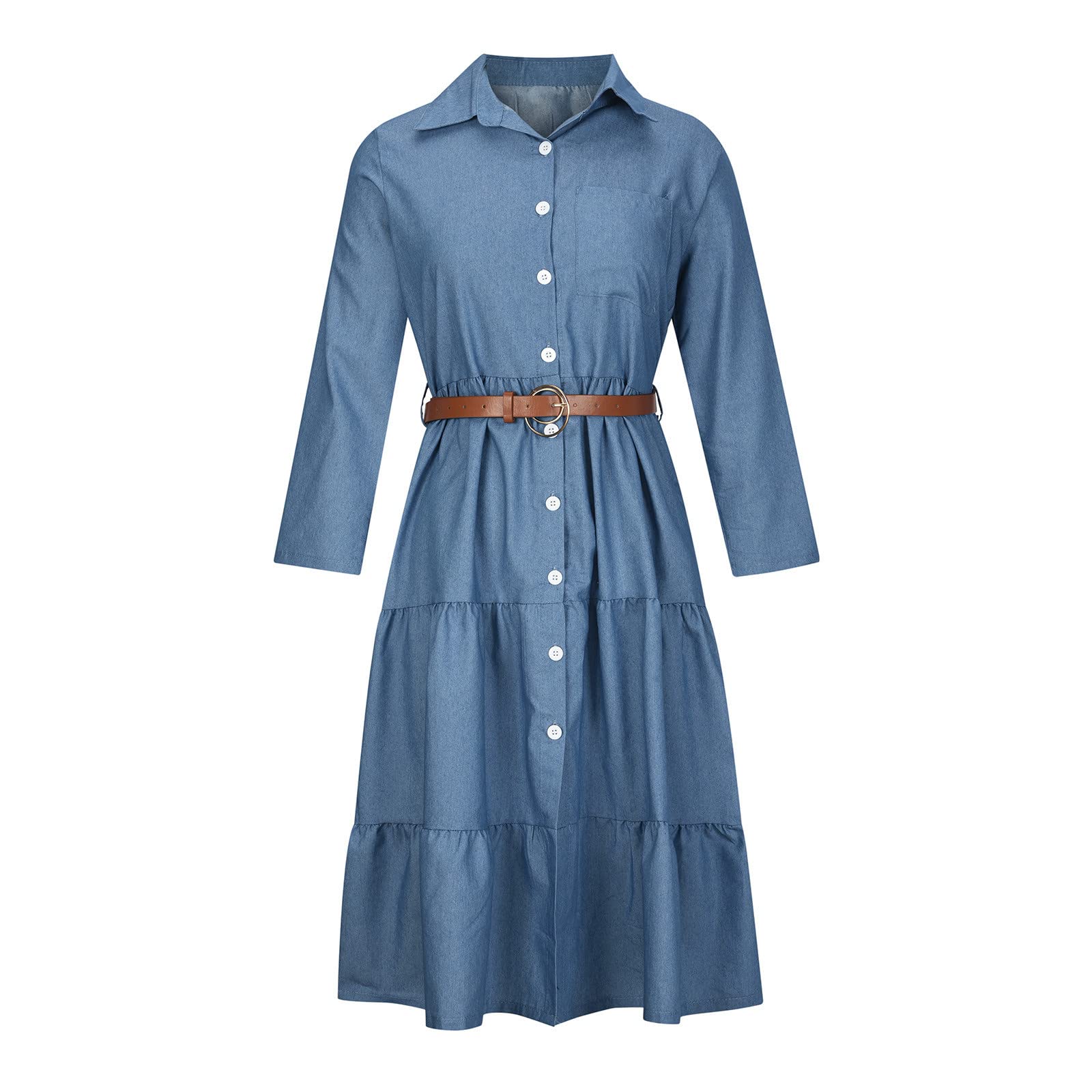 InKach Women's Casual Denim Shirt Dress - Belted Button Down Lapel Long Sleeve Midi Dress with Pleated Ruffle Details | Perfect for Office Wear, Date Nights & Spring Outfits