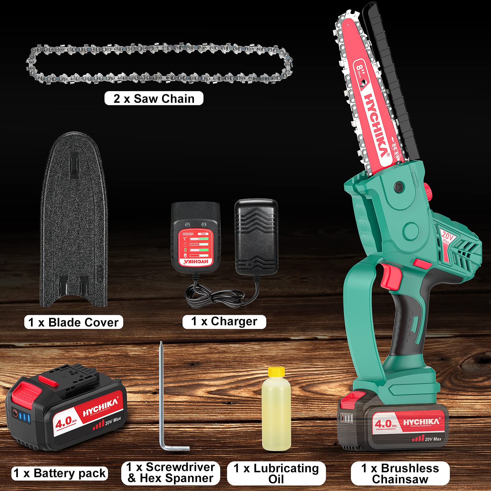 HYCHIKA 18V 8-Inch Brushless Electric Mini Chainsaw with 4.0Ah Battery & 2 Chains - Lightweight Handheld Chainsaw for Tree Branch Cutting, Pruning, Gardening & Woodworking | Perfect for DIY Projects, Yard Maintenance & Forestry Work