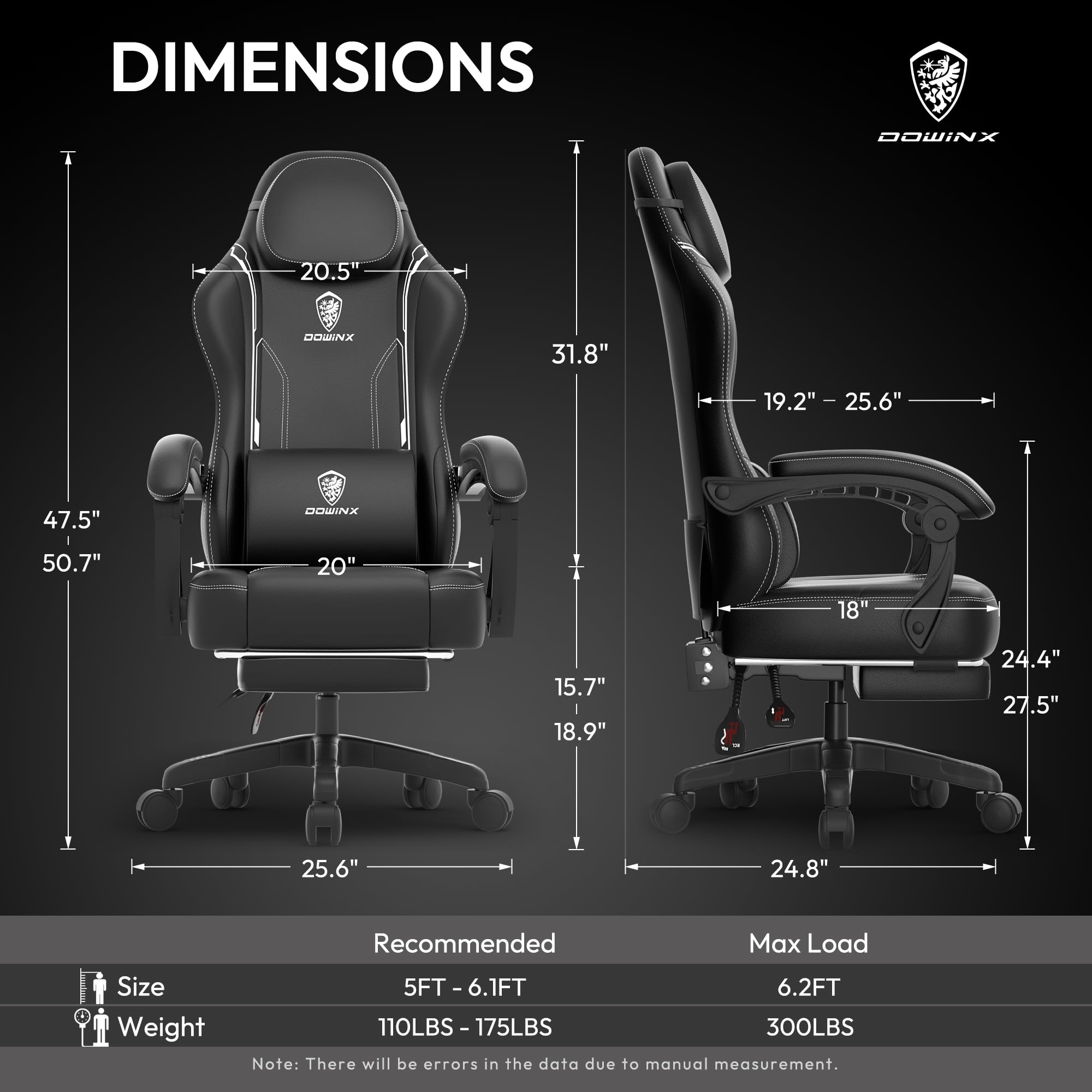 Dowinx Ergonomic Gaming Chair with Pocket Spring Cushion & Massage Lumbar Support - High Back Office Computer Chair with Footrest for Adults, 300LBS Weight Capacity (Black) - Perfect for Long Gaming Sessions, Work from Home & Esports