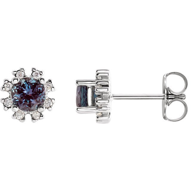 14K Gold Round Lab-Grown Alexandrite & Diamond Flower Halo Earrings for Women | Elegant Dangle Earrings for Weddings, Parties & Special Occasions