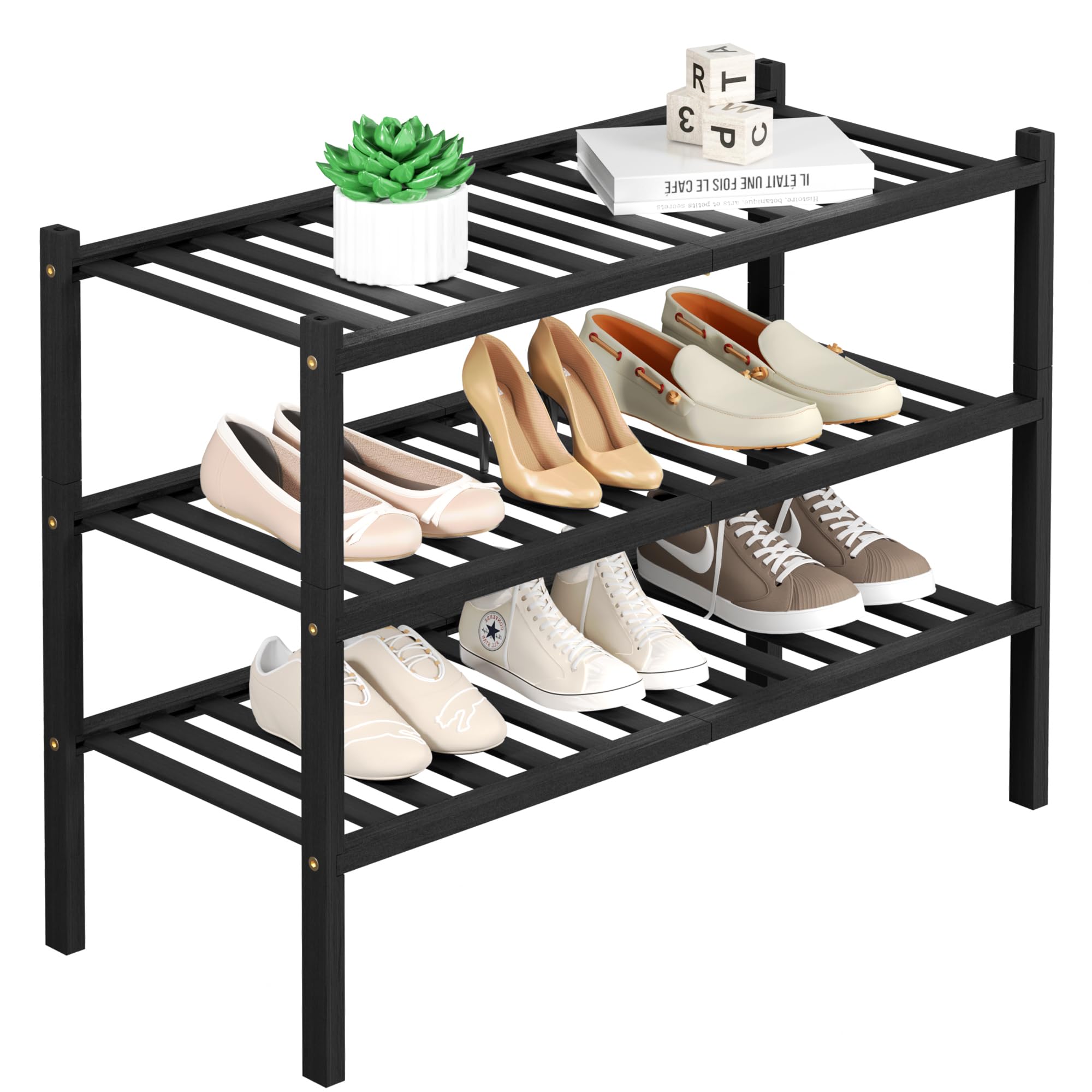 3-Tier Bamboo Shoe Rack Organizer - Free Standing Wooden Shoe Shelf for Closet, Entryway & Small Spaces - Stackable Storage (27